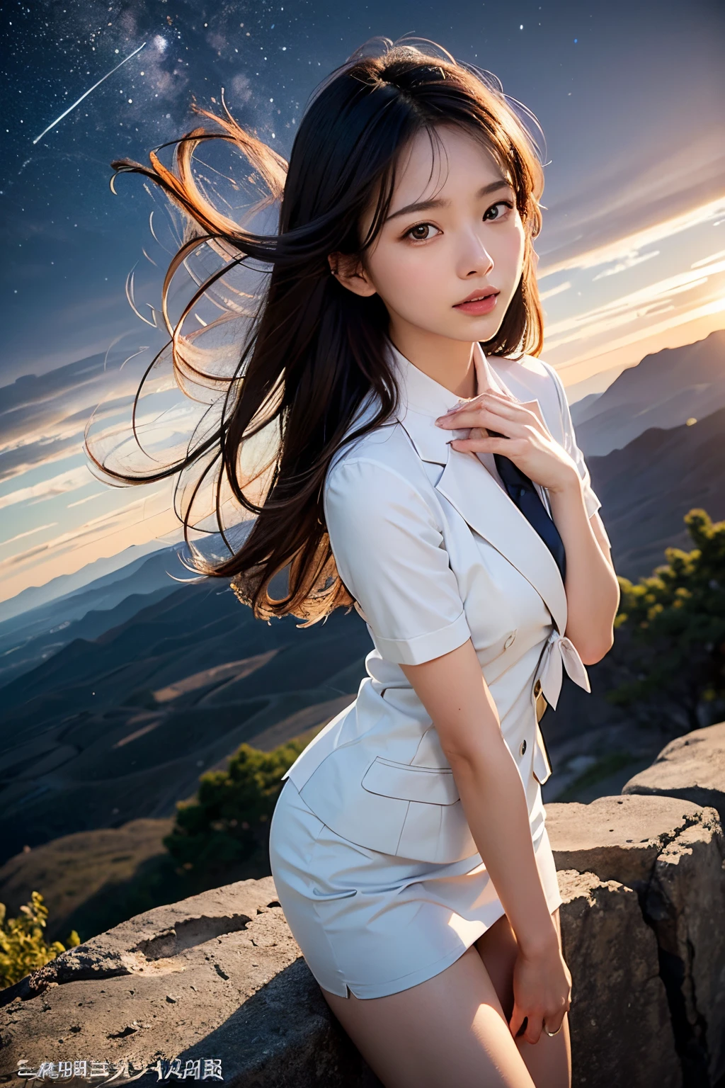 (masutepiece, Best Quality:1.2), 8K, Official art, Wearing a suit、Five Fingers、Full body photo, full body Esbian、Suit Beauty、Big Dipper in the background、star explosion、Beautiful barefoot woman with dark hair, hold a flame in your right hand、i'i'I'm holding a snowstorm in my left hand、Bright lava light rises above the broken Earth from beneath the asteroid belt(Jagged rock rocks and fragments shot into the air:1.torm of windy dust debris:1.1) Volume fogmist by trace Z、It can allow bright light from below to pass through、 (masterpiece) (top-quality) (detaileds) (8K) (电影灯光) (foco nítido) (Convoluted)A dark-haired、14years、small tits、A delightful、A smile、unbelievable Ridiculous, (Beautiful girl with upper body, Pretty Face, arching back down, Gold hair ornament on hair、Wearing a cute suit、close up, Wearing a suit, Short sleeve, gardenia, violaceaess, Teen, space system, Looking at Viewer, Film grain, chromatic abberation, Sharp Focus, face lights, Dynamic lighting, Cinematic lighting, Eyes and faces with detailed, Bokeh background, (Tie with Emma written on it、1 copy:1.2)
