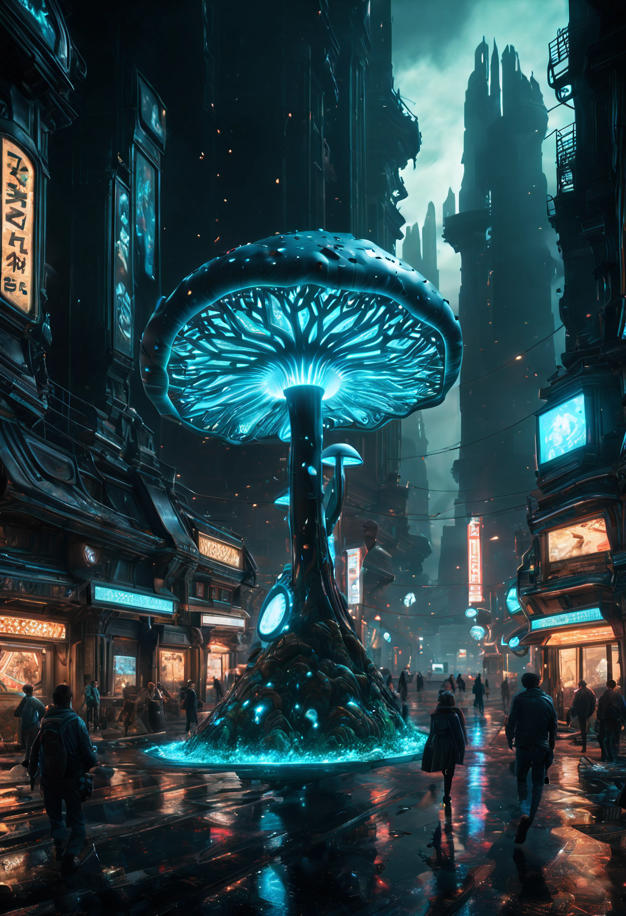 (best quality, masterpiece, Representative work, official art, Professional, unity 8k wallpaper:1.3),Ultra-wide-angle, octane render, Enhance, intricate,Bioluminescent Mushroom, very dark city.