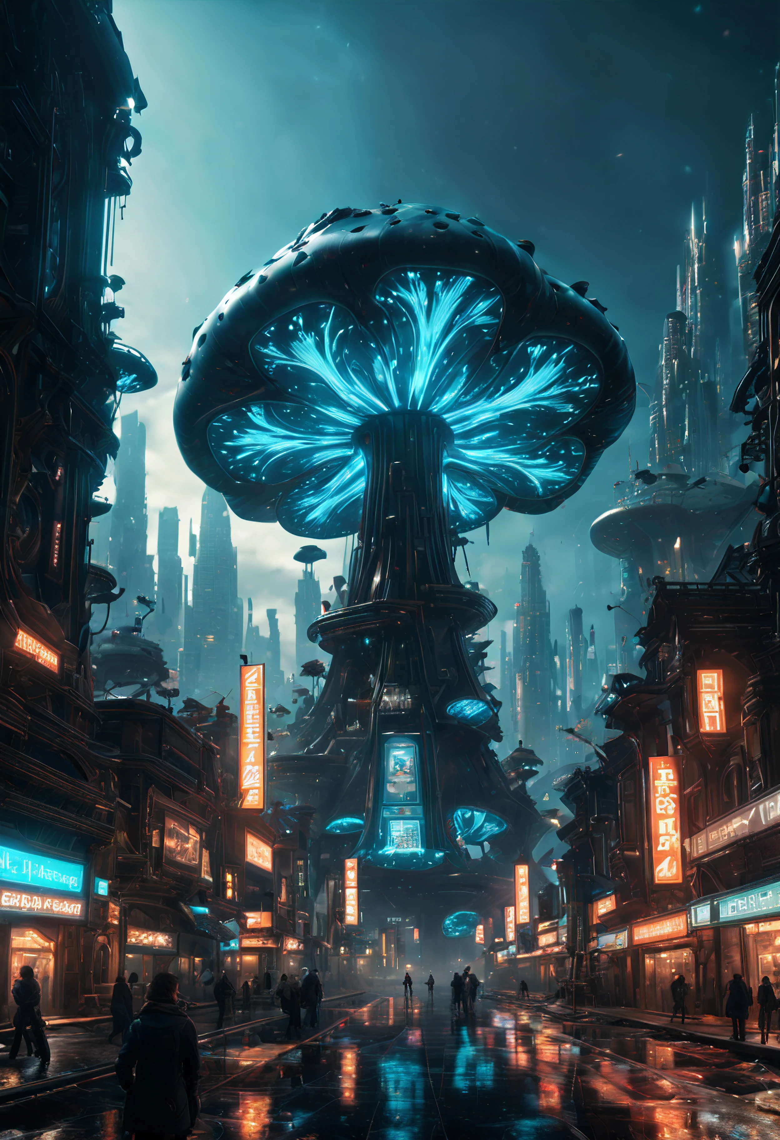 (best quality, masterpiece, Representative work, official art, Professional, unity 8k wallpaper:1.3),Ultra-wide-angle, octane render, Enhance, intricate,Bioluminescent Mushroom, very dark city.