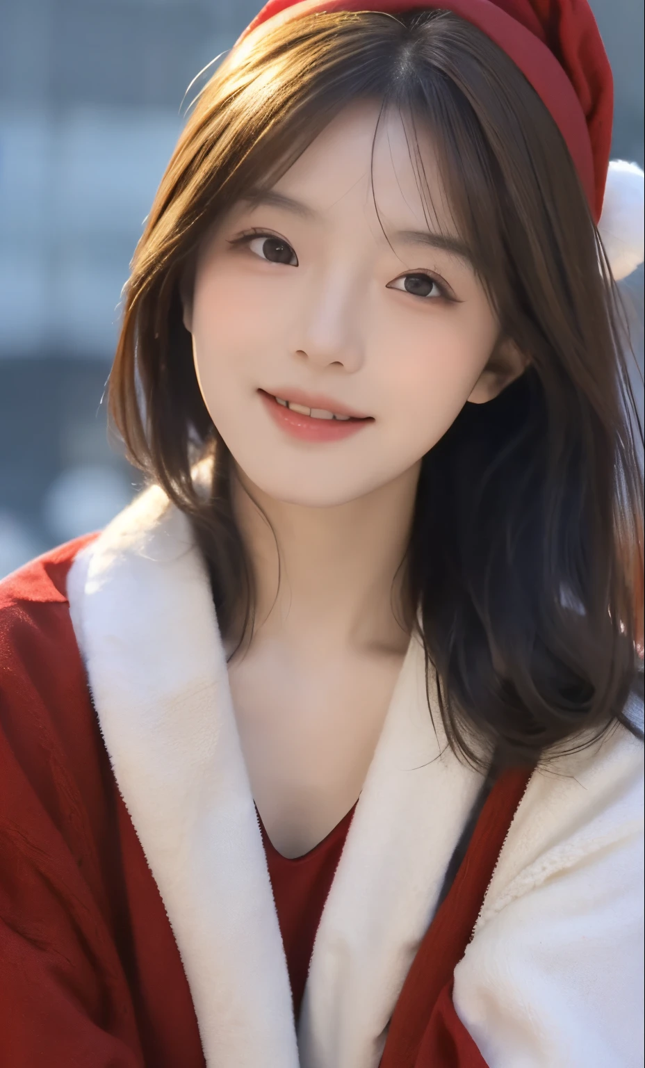 Woman in Santa Claus clothes、(top-quality、8K、32K、masterpiece、nffsw:1.2)、(Slouched:1.3)、crouching down、(From above:1.2)、(a closeup:1.4)、POV、Santa Claus Cosplay、large full breasts、(beautiful nipple slips:0.9)、the wind、shinny skin、blurry backround、snow mountains、A woman pretending to be a model in、Gravure photography、( Tall gravure model), dark brown hair, Professional Lighting, Photon mapping, Radio City, (high-detail skin: 1.2), hyperdetailed face, Detailed lips, Detailed eyes, Double eyelids,、A smile