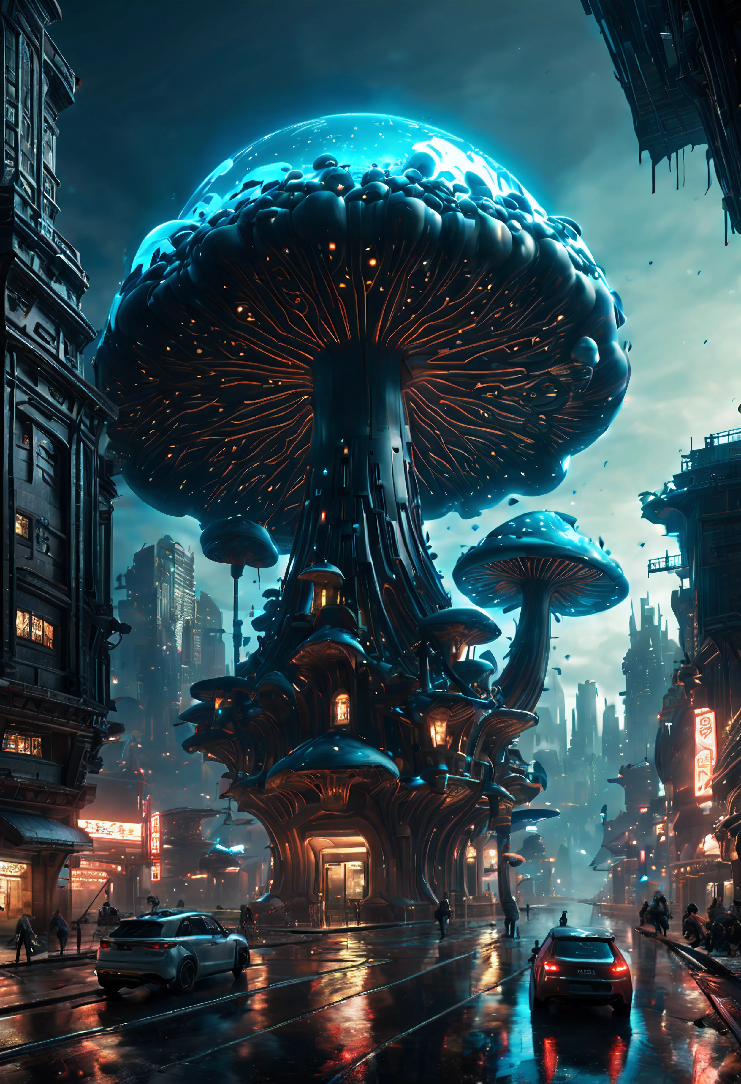 (best quality, masterpiece, Representative work, official art, Professional, unity 8k wallpaper:1.3),Ultra-wide-angle, octane render, Enhance, intricate,Bioluminescent Mushroom, very dark city.
