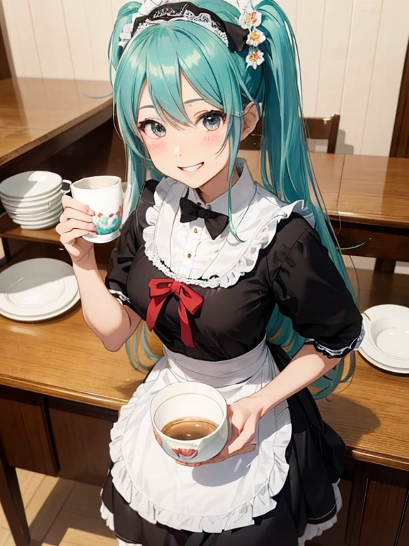 miku hatsune,10yaers old,(hashikuji mayoi),Look at me and smile,((Meiji period～Showa era waitress)),(maid clothes),retro coffee cup