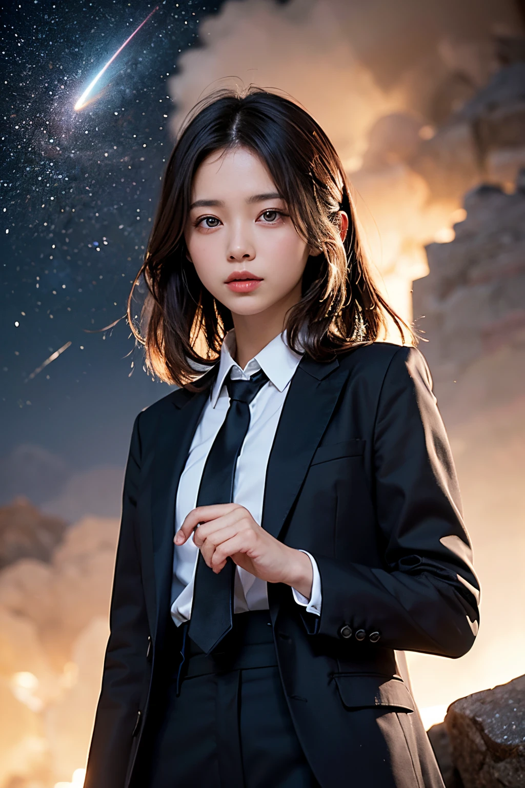 (masutepiece, Best Quality:1.2), 8K, Official art, Upper body naked、Five Fingers、Full body photo, full body Esbian、Suit Beauty、Big Dipper in the background、star explosion、Beautiful barefoot woman with dark hair, hold a flame in your right hand、i&#39;i&#39;i&#39;i&#39;I&#39;m holding a snowstorm in my left hand、Bright lava light rises above the broken Earth from beneath the asteroid belt(Jagged rock rocks and fragments shot into the air:1.3) (Storm of windy dust debris:1.1) Volume fogmist by trace Z、It can allow bright light from below to pass through、 (​masterpiece) (top-quality) (detaileds) (8K) (电影灯光) (foco nítido) (Convoluted)A dark-haired、14years、small tits、A delightful、A smile、unbelievable Ridiculous, (Beautiful girl with upper body, Pretty Face, arching back down, Gold hair ornament on hair、Wearing a cute suit、close up, Wearing a suit, Short sleeve, gardenia, violaceaess, space system, Looking at Viewer, Film grain, chromatic abberation, Sharp Focus, face lights, Dynamic lighting, Cinematic lighting, Eyes and faces with detailed, Bokeh background, (Tie with Emma written on it、1 copy:1.2)
