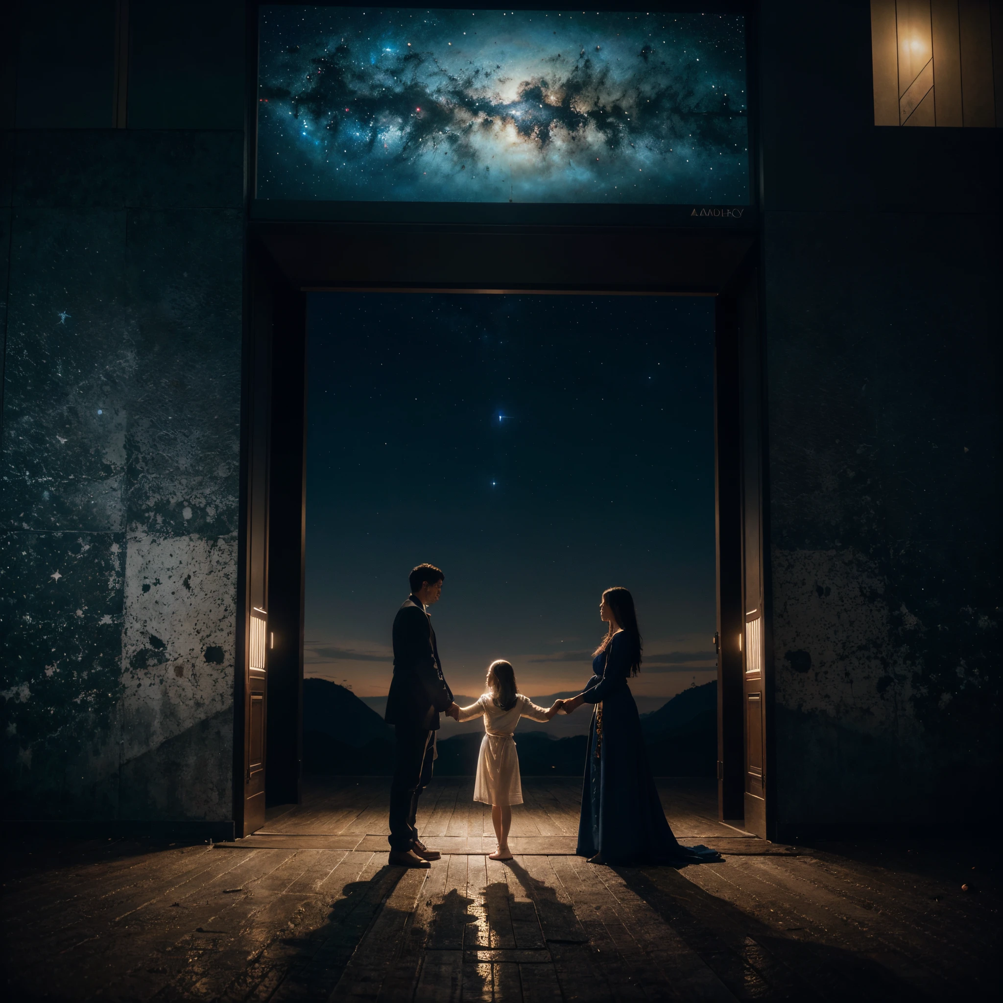 Imagine a spiritual representation where mother, father and child are united, holding hands, immersed in a spiritual existence with luminous tones predominant in red and blue. This emotional and beautiful scene should be visually stunning, with stunning detail in 8k resolution.
In the immensity of a starry night sky, with planets, comets and an entire galaxy, visualize superior realities and elevated concepts, which transcend mathematics, philosophy, art and beauty. This acrylic painting, captured with a 35mm lens, must be a cinematic masterpiece in 8k quality, inspired by the striking style of Greg Rutkowski.
This image should not only dazzle visually, but also evoke deep emotions and represent the exploration of higher ideas and concepts, offering an artistic and intellectual journey to those who behold it."