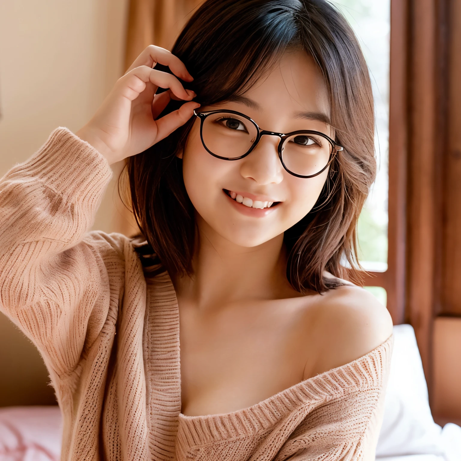 17 age(A slender、fullnude、Height 160cm、Small breasts、Wear round glasses、thin arm、Slender body、cute little、shorth hair)、bedroom、Wearing a sweater that kills virgins、Sunny days、is standing、with light glowing、Glossy skin、with round face、Sareme、thin lipss、Wet、cute eye、Accurate eye depiction,Seductive smile,srestrained,egg vibrator、Blushing cheeks、Photograph the whole body,bignipple、small areolas