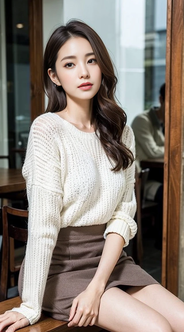 dark brown hair、Light brown eyes、The face of the Japan actress、adult lady、Looks like he's about 35 years old、(intricate-detail:1.2)、(top-quality:1.4)、 (超A high resolution:1.2)、超A high resolution、(A detailed eye)、(detailed facial features)、nffsw、8K resolution、moderately sized udder、she is wearing a warm white sweater or skirt.、Knees are smooth、length hair、Relaxing on the stylish cafe terrace、