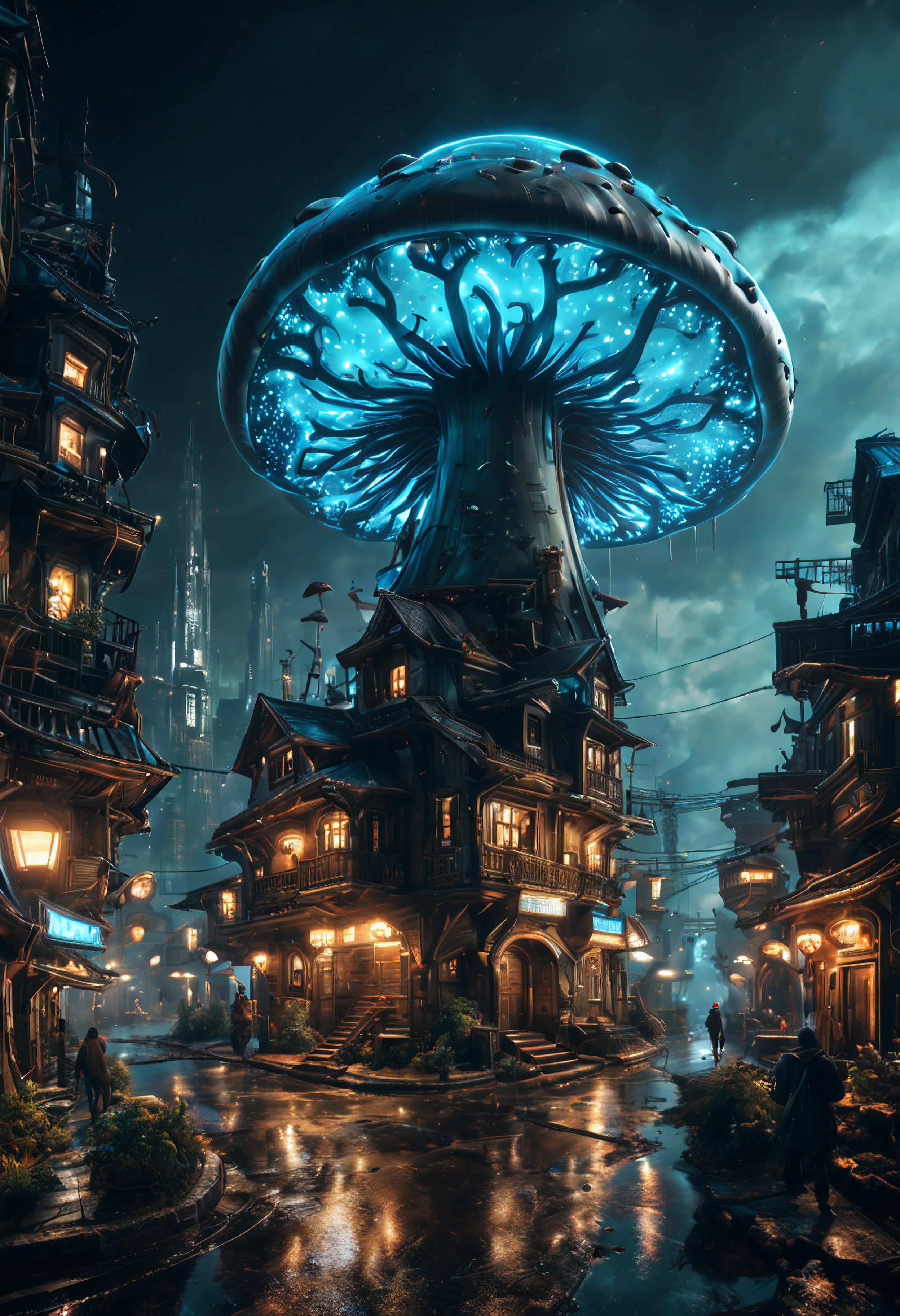 (best quality, masterpiece, Representative work, official art, Professional, unity 8k wallpaper:1.3),Ultra-wide-angle, octane render, Enhance, intricate,Bioluminescent Mushroom, very dark city.