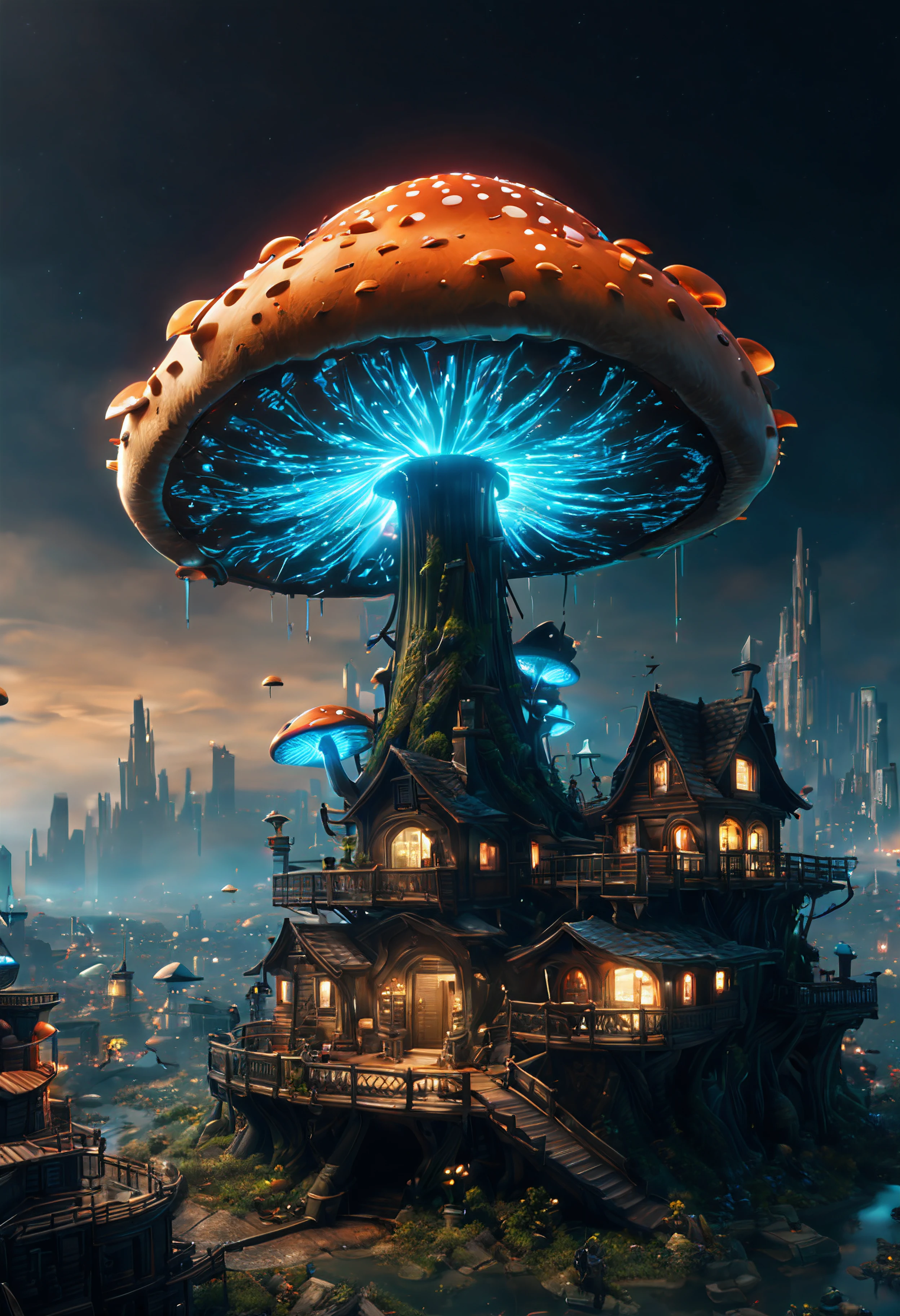 (best quality, masterpiece, Representative work, official art, Professional, unity 8k wallpaper:1.3),Ultra-wide-angle, octane render, Enhance, intricate,Bioluminescent Mushroom, very dark city.