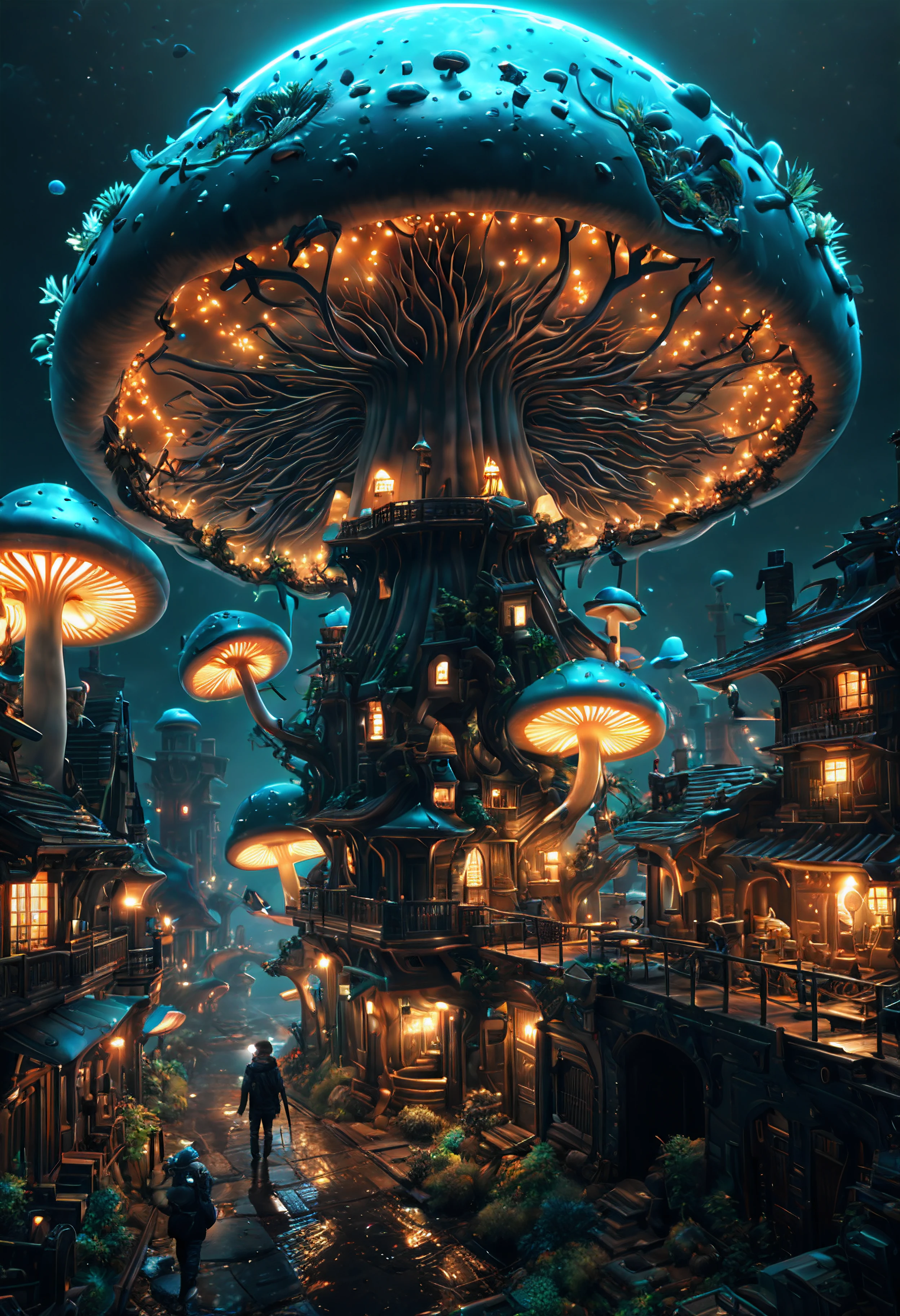 (best quality, masterpiece, Representative work, official art, Professional, unity 8k wallpaper:1.3),Ultra-wide-angle, octane render, Enhance, intricate,Bioluminescent Mushroom, very dark city.