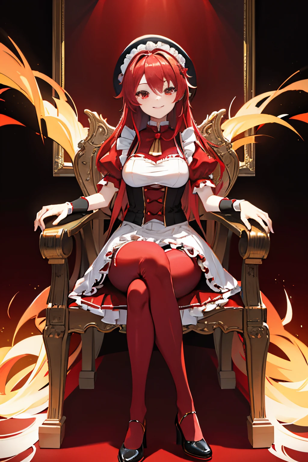 "anime girl, 1 person, bright red hair, shoulder length hair, dark red eyes, small hat, red hat with gold trim, maid, maid outfit, lolita,big breasts, pants stockings, crossed legs, smiling  smiling, solo, front view (full HD 4K+ photo)"