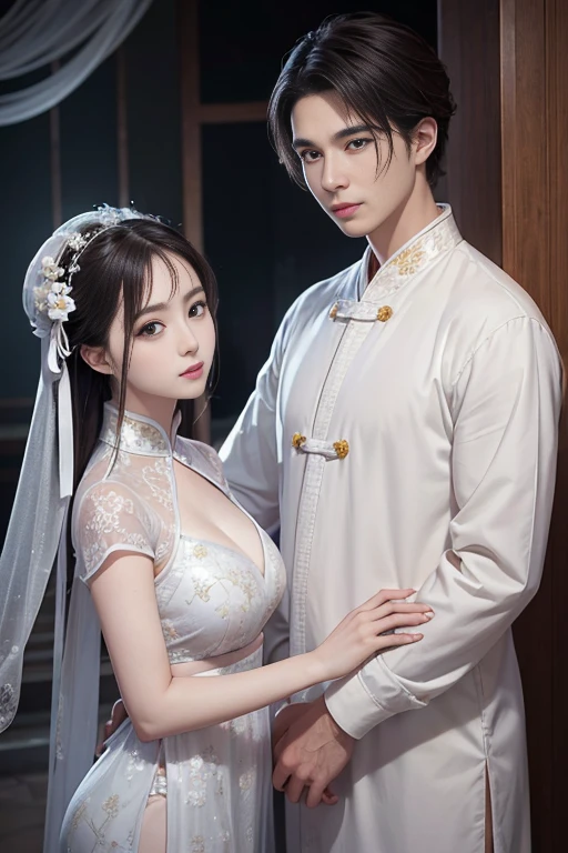 (a couple, Beautiful girl and boy), large watery eyes, Looking at each other, Smiling and wearing white clothes, Delicate hair, Ancient Chinese beauty and handsome man, dressed in ancient Chinese clothing, Flowing Tulle, Light silk,(clean back ground), Ink painting style, pretty colors, decisive cutting, blank, freehand, masutepiece, super detailed, epic composition, High quality, top-quality, 4K