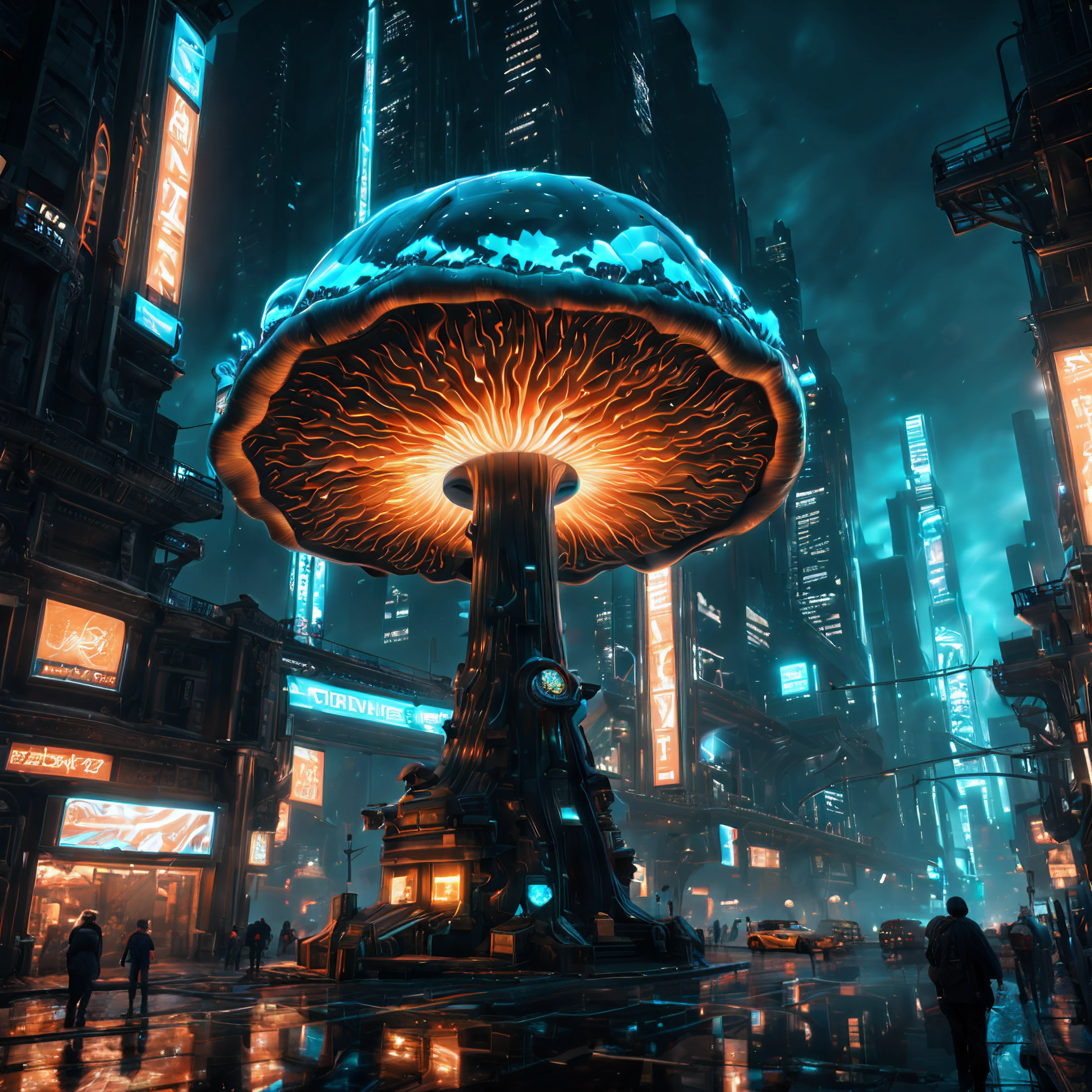 (best quality, masterpiece, Representative work, official art, Professional, unity 8k wallpaper:1.3),Ultra-wide-angle, octane render, Enhance, intricate,Bioluminescent Mushroom, very dark city.
