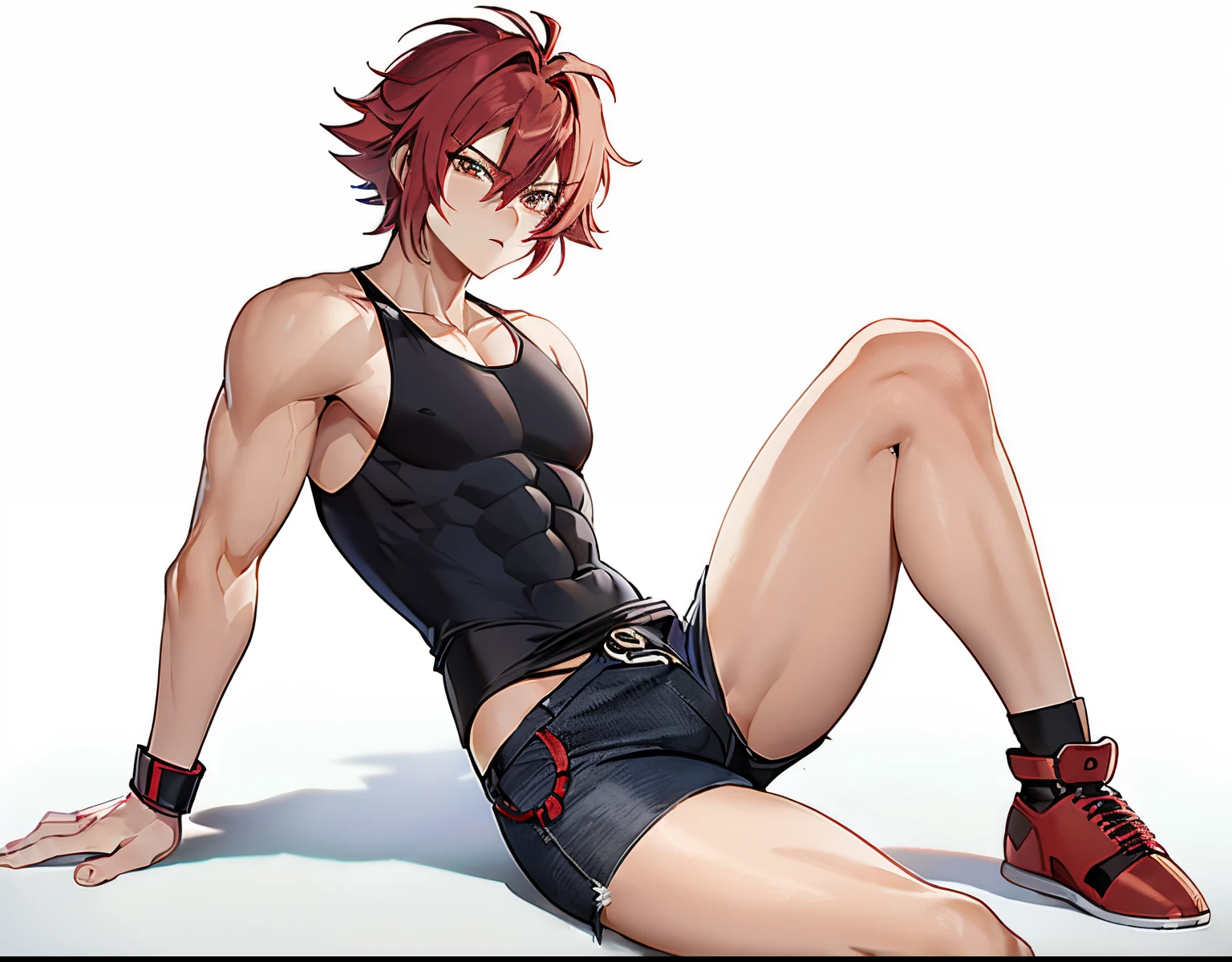 Red haired anime boy sitting on floor with legs crossed, Anime Boy, anime style character, garments:Black tank top, boy wearing denim shorts, In anime style, anime styled, Anime style, Muscular men, Knight of Zodiac Boy, with short red hair standing on end,, In an anime style, masculine and muscular, Bare arms, Bare shoulders,