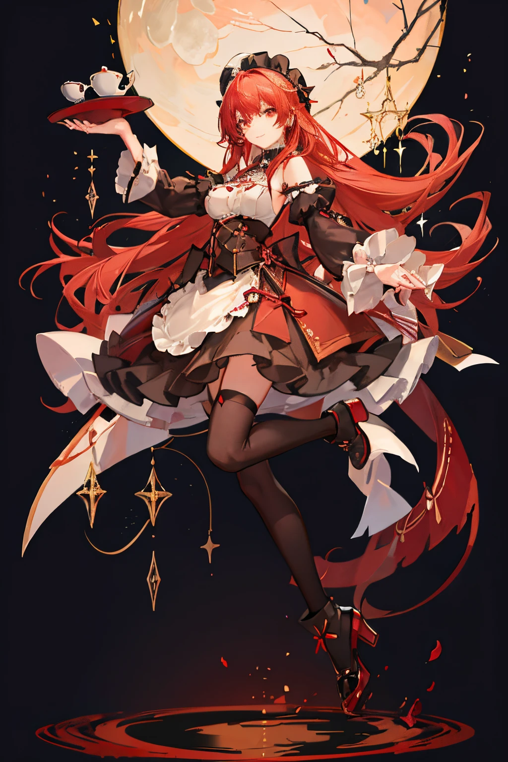 "anime girl, 1 person, bright red hair, shoulder length hair, dark red eyes, small hat, red hat with gold trim, maid, maid outfit, lolita,big breasts, pants stockings, crossed legs, smiling  smiling, solo, front view (full HD 4K+ photo)"