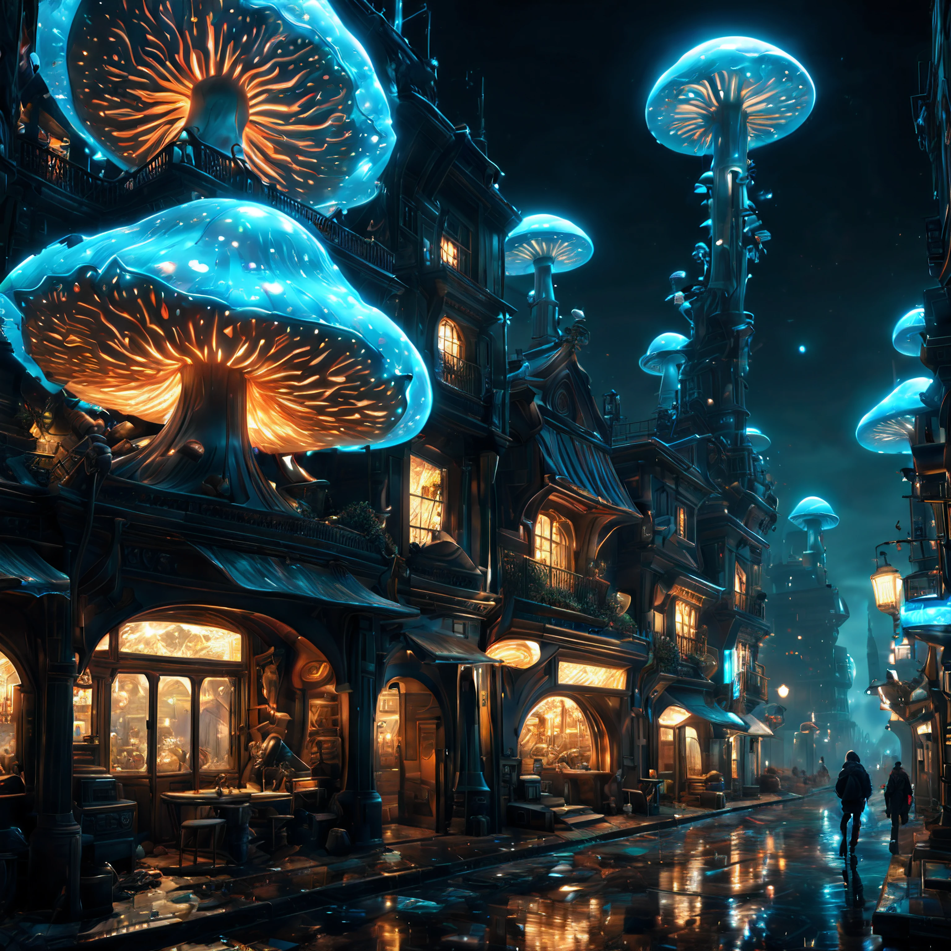 (best quality, masterpiece, Representative work, official art, Professional, unity 8k wallpaper:1.3),Ultra-wide-angle, octane render, Enhance, intricate,Bioluminescent Mushroom, very dark city.