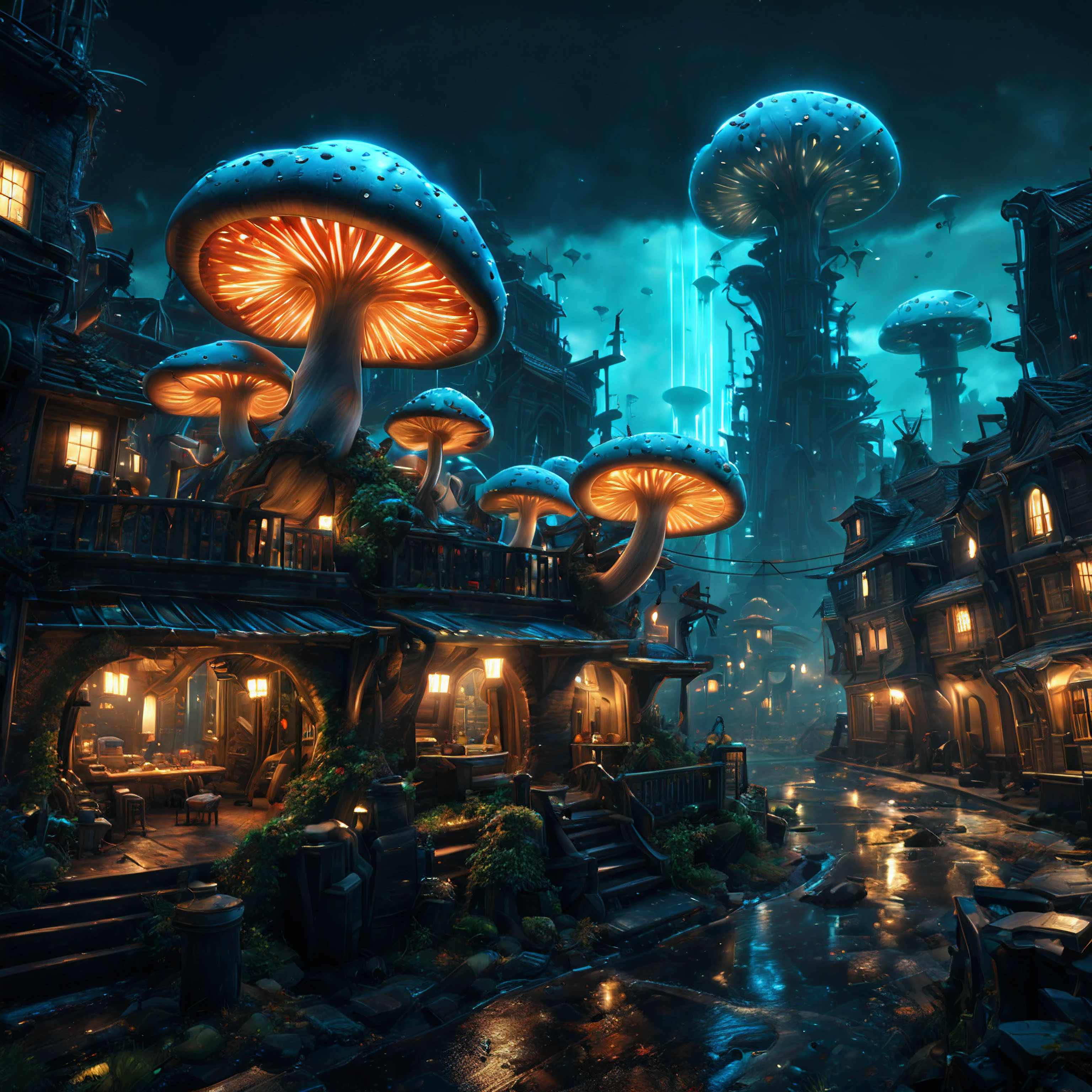 (best quality, masterpiece, Representative work, official art, Professional, unity 8k wallpaper:1.3),Ultra-wide-angle, octane render, Enhance, intricate,Bioluminescent Mushroom, very dark city.