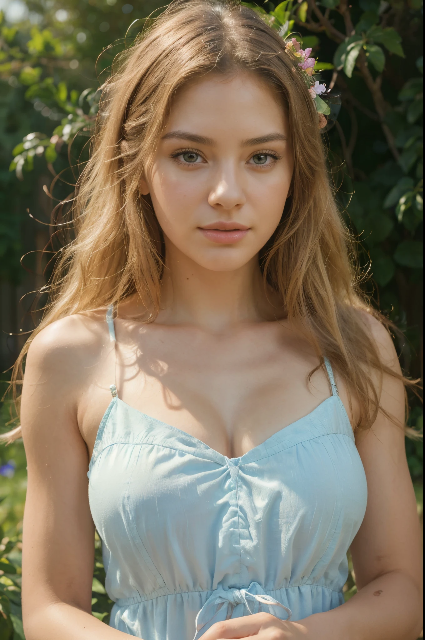 (aesthetic,artistic,photorealistic,realistic:1.2),high-resolution image,(best quality,4k,8k,highres,masterpiece:1.2),portrait,detailed facial features,bright lighting,soft colors,beautiful girl with larger breasts,detailed eyes and lips,glowing skin,loose wavy hair,comfortable and confident expression,outdoor setting with a vibrant garden background,rich textures and brushstrokes,impressionistic style