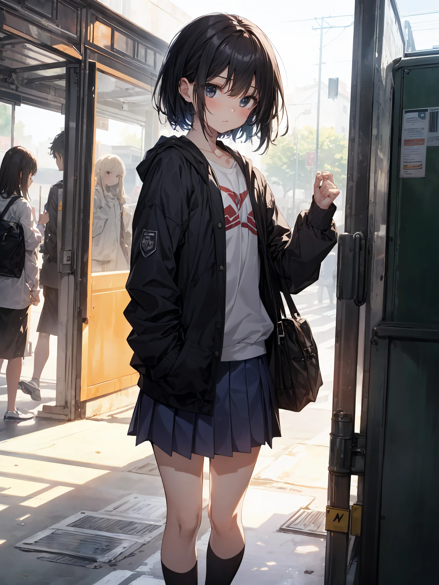 best god quality, Ultra-detailed, anime moe art style,Best Anime 8K Konachan Wallpapers,Pixiv Contest Winner,Perfect Anatomy, (Draw a girl sleepily walking to school. ),BREAK, 1 girl is a beautiful girl, (Solo,Lori,child,13years:1.3),a junior high school student, Androgynous attraction, (Center part very short hair),hair messy, Forehead, Full limbs, complete fingers,flat chest, Small butt, groin, Small eyes,Beautiful detailed black eyes,disgusted eye, School uniform, Skirt,On the way to school. BREAK,High resolution,super detailed skin, Lighting to test AI performance,  Illustration,