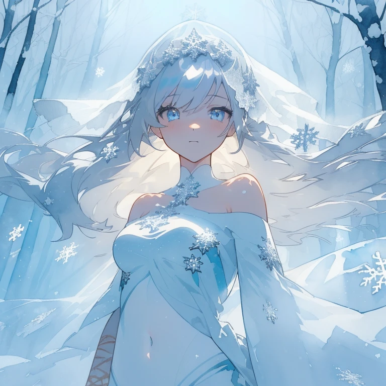 ((((ink)))，((watercolor))，world masterpiece theater, ((best quality))，depth of field,((illustration))，(1 girl)，anime face，medium_breast,floating，beautiful detailed sky，looking_at_viewers，an detailed organdie dress，very_close_to_viewers，bare_shoulder，golden_bracelet，focus_on_face，messy_long_hair，veil，upper_body，,lens_flare,light_leaks,bare shoulders，detailed_beautiful_Snow Forest_with_Trees， spirit，grey_hair，White clothes，((Snowflakes)),floating sand flow,navel,(beautiful detailed eyes), (8k_wallpaper)