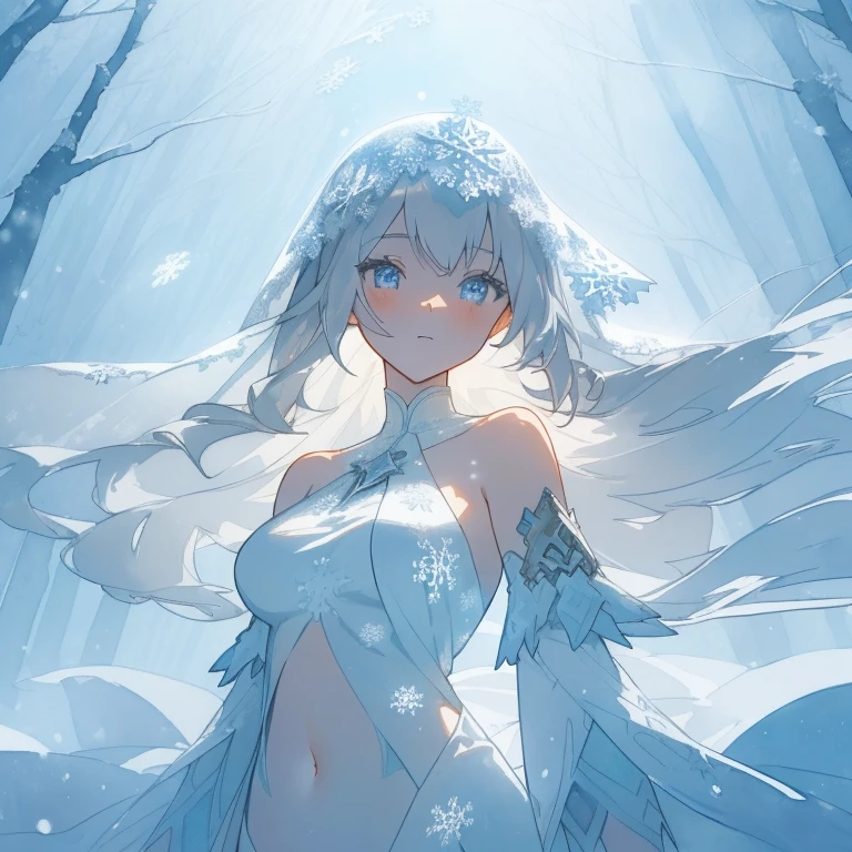 ((((ink)))，((watercolor))，world masterpiece theater, ((best quality))，depth of field,((illustration))，(1 girl)，anime face，medium_breast,floating，beautiful detailed sky，looking_at_viewers，an detailed organdie dress，very_close_to_viewers，bare_shoulder，golden_bracelet，focus_on_face，messy_long_hair，veil，upper_body，,lens_flare,light_leaks,bare shoulders，detailed_beautiful_Snow Forest_with_Trees， spirit，grey_hair，White clothes，((Snowflakes)),floating sand flow,navel,(beautiful detailed eyes), (8k_wallpaper)
