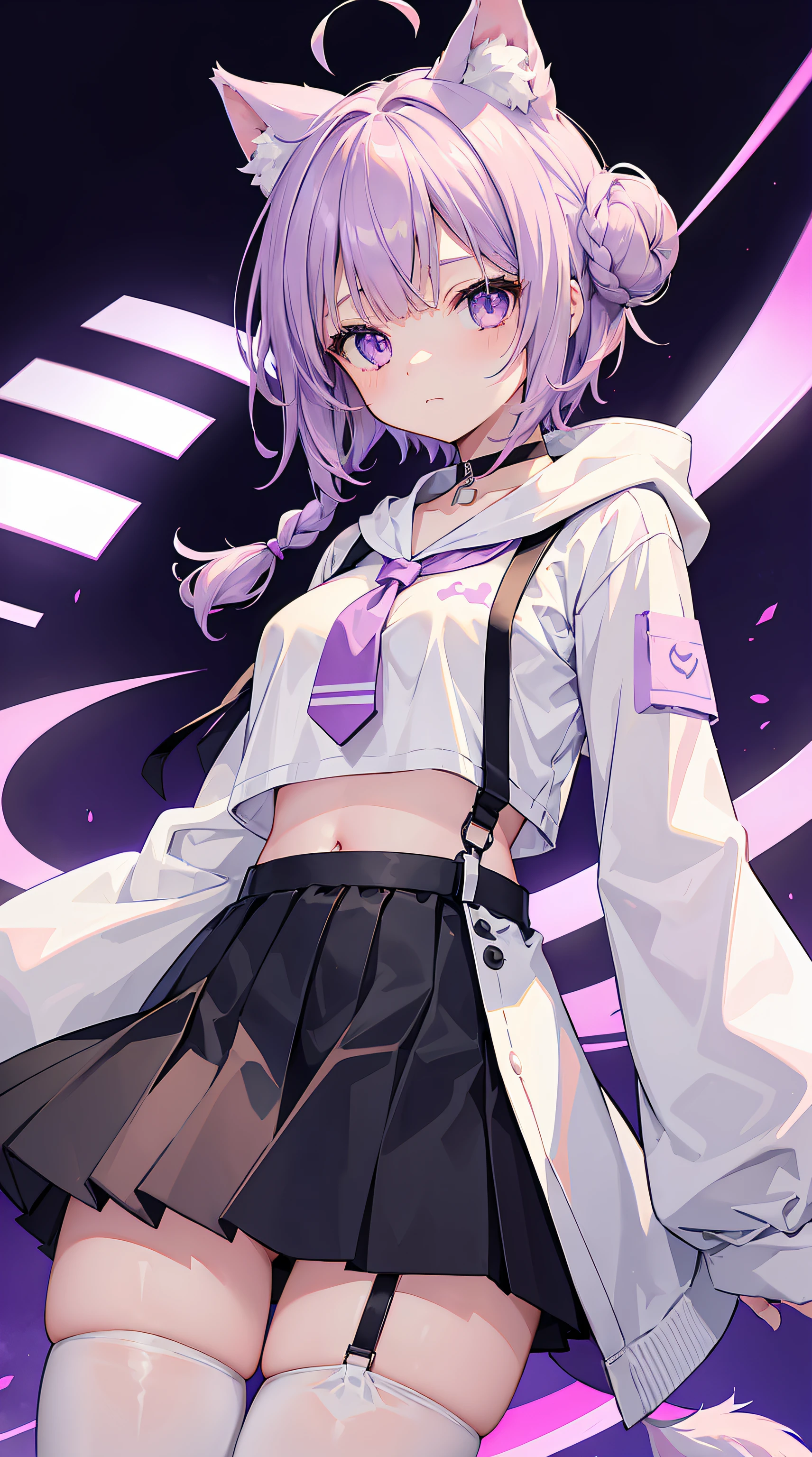 1girl in,nekomata okayu,hololive,Purple eyes,Purple hair,Short hair,Cat's ears,Cat tail,Cat Girl,medium breasts,Black Cropped Hoodie,Midriff,Navel,sleeves past wrists,White pants,Choker, Yu Xiaoyi,Holol Ive,Virtual Youtuber,Pink hair,Long hair,Antenna Hair,crossed bangs,braided bun,crop top overhang,White shirt,labcoat,Wide sleeves,black ruffle skirt,Pink tie,pantyhose,Wolf ears,tareme,Purple eyes,medium breasts, gochuumon wa usagi desu ka? Style, up close shot, view straight on, shiny, Petite, Very short hair, White and silver hair, striated hair, hair blowing in wind, embarrassed, nail polish, medium chest circumference, Capelet, Short shorts, white footwear, garter strap, Silk Cross, landscapes, Pink background,