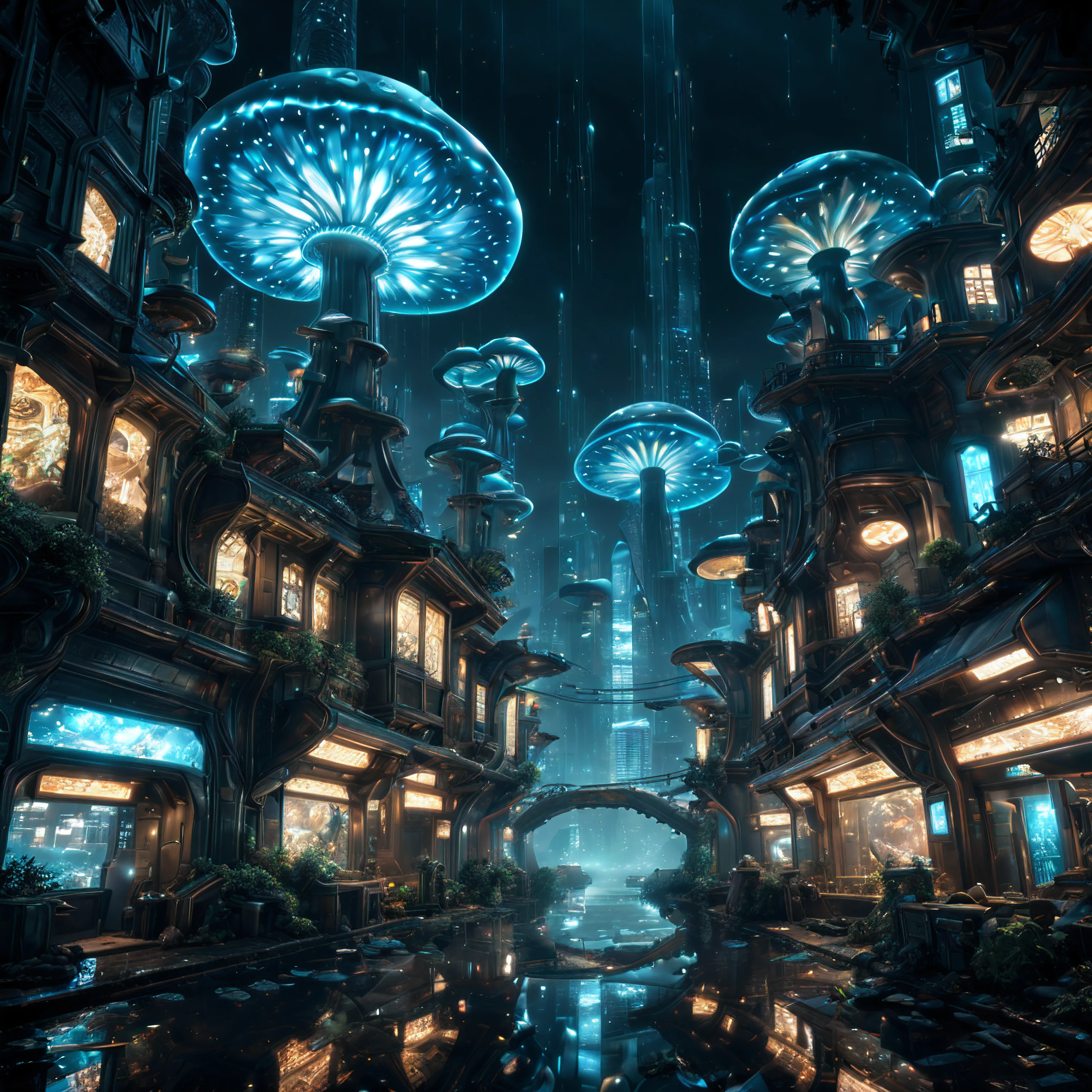 (best quality, masterpiece, Representative work, official art, Professional, unity 8k wallpaper:1.3),Ultra-wide-angle, octane render, Enhance, intricate,Bioluminescent Mushroom, very dark city.