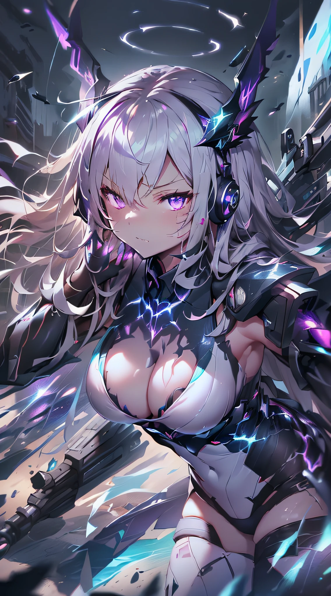 top-quality、Top image quality、​masterpiece、girl with((White suit、glowing mechanic suit、18year old、r、cute little、Best Bust、big bast,Beautiful shining purple eyes、Breasts wide open, a blond、Longhaire、A slender,Large valleys、belligerent movements,sharp claws、With sniper rifle、head phone、black bright wings、fighting poses、being filmed、splatters、Feeling of sprinting)),hiquality、Beautiful Art、Background with((Space Battlefield)))、Depth(planet earth）,masutepiece、depth of fields,Cinematic style