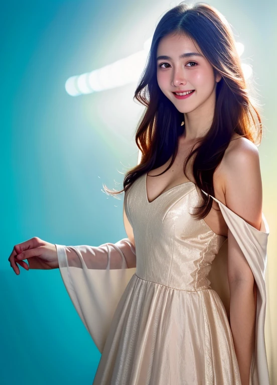 masterpiece, best quality, julia fe, 1girl, solo, long hair, looking at viewer, blush, smile, negative space, (bioluminescence:1.2), darkness, dark background, long sleeves, dress, bare shoulders, medium breasts, very long hair, wide sleeves, cape, white dress, circlet