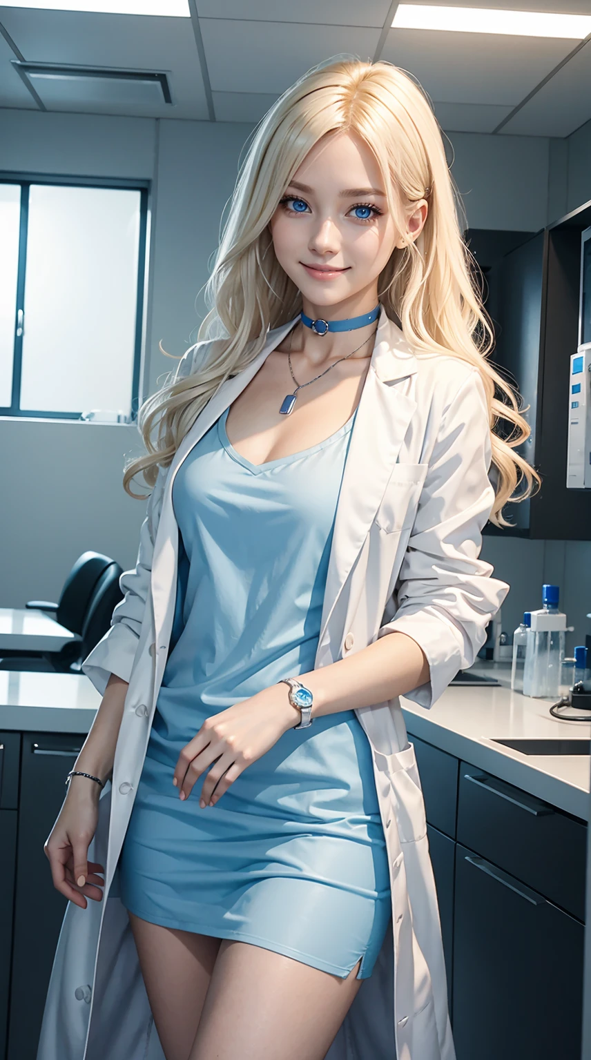 25-year-old Caucasian woman、platinum-blonde、blue eyess、Semi-long、My hair is wavy、accessories on the wrist、wearing a choker、a smile、slim muscular body、I don&#39;t want my head to disappear from the screen.、wearing lab coat、Naked in a lab coat、I&#39;m wearing a stethoscope around my neck.、I&#39;m in the examination room、a smile