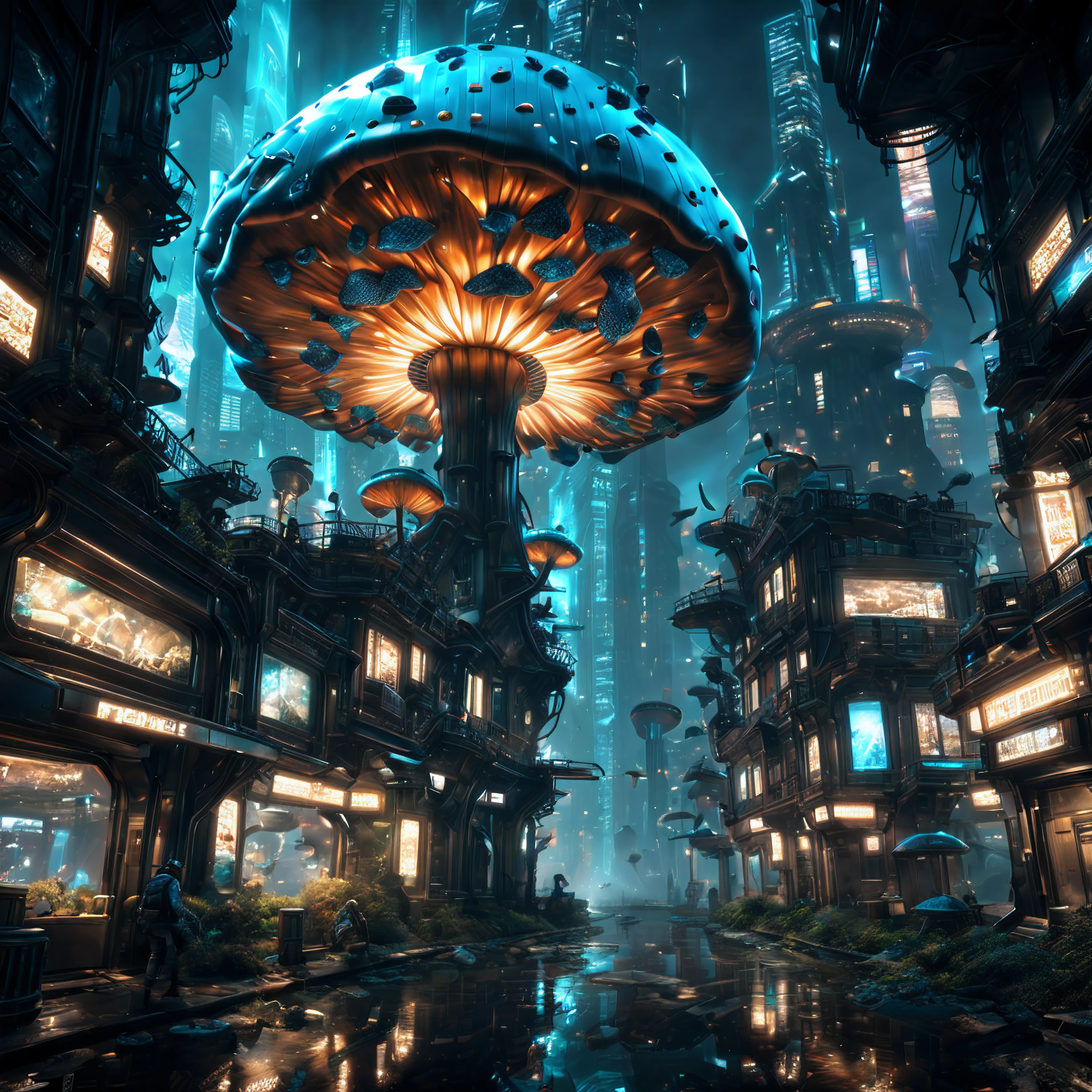 (best quality, masterpiece, Representative work, official art, Professional, unity 8k wallpaper:1.3),Ultra-wide-angle, octane render, Enhance, intricate,Bioluminescent Mushroom, very dark city.