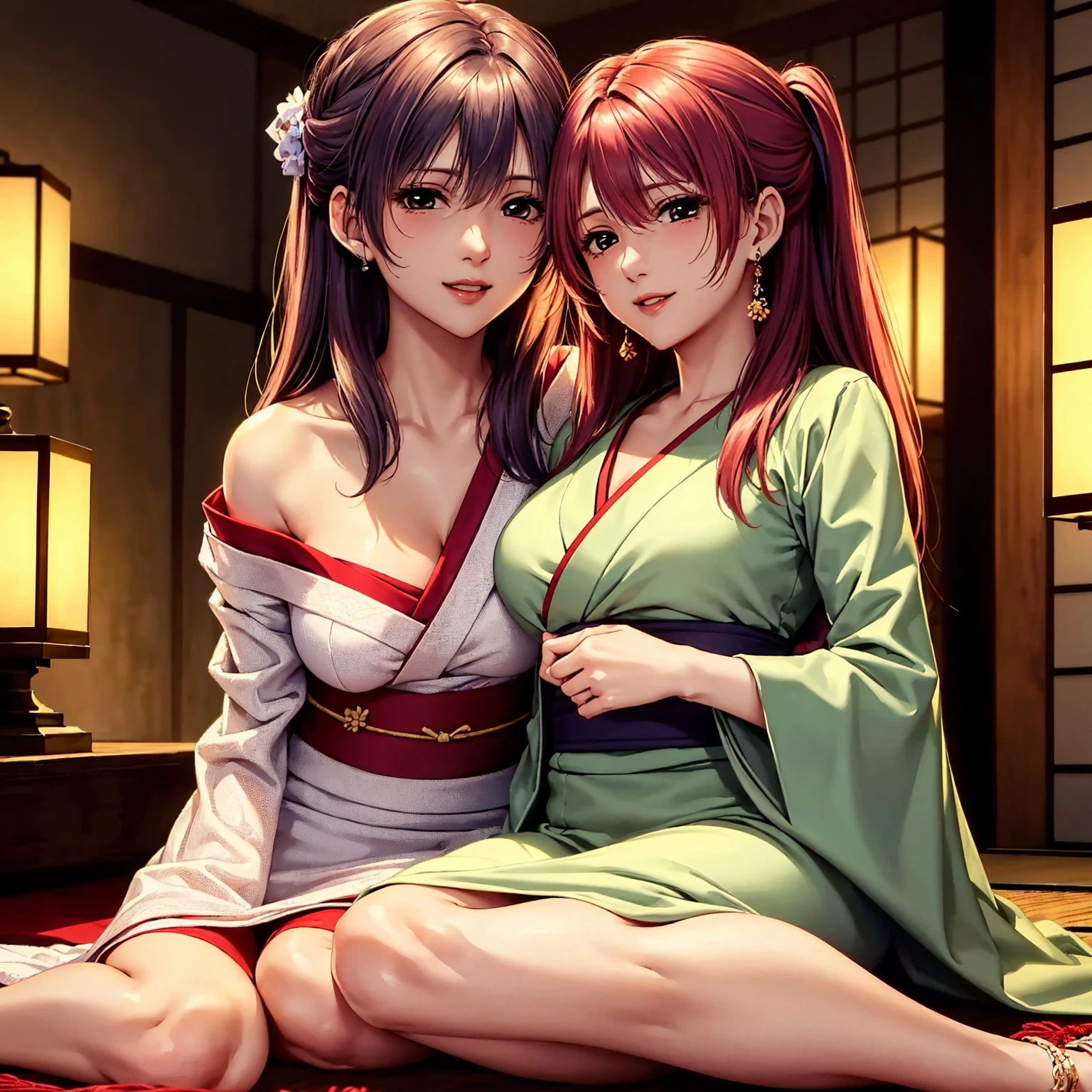 (((top quality picture、masterpiece level、very high res、An ultra-high picture quality、High quality pixels)))、Beautiful woman with ultimate body(Beautie、real looking skin、Beautiful face、Beautiful body、Young beautiful woman、Cute smile,18year old)、Neat and clean girl、Variety of hairstyles、wearing Japanese kimono,Colorful Japan kimono,Shoulders exposed、Red hair laces、Japanese-style room of the shrine、Tatami room at the shrine、Patterned bra、disheveled clothing、Inviting gaze、Bewitching look、Styling hair by hand、Various gestures、The whole picture、The whole body、
