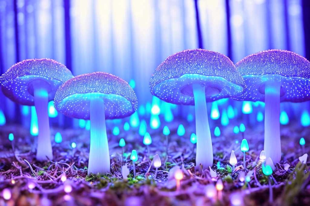 Best quality,A high resolution,ultra - detailed,(actual:1.37),Fluorescent mushrooms,Whole luminous transparent mushroom,Fantastical,Forest scene,Dewdrops,flash lights,soft mist,fluorescent light blue,emit bright light，transparency,enchanting atmosphere,The magic of nature,Surreal,HighDynamicRange,Focus sharp,bokeh