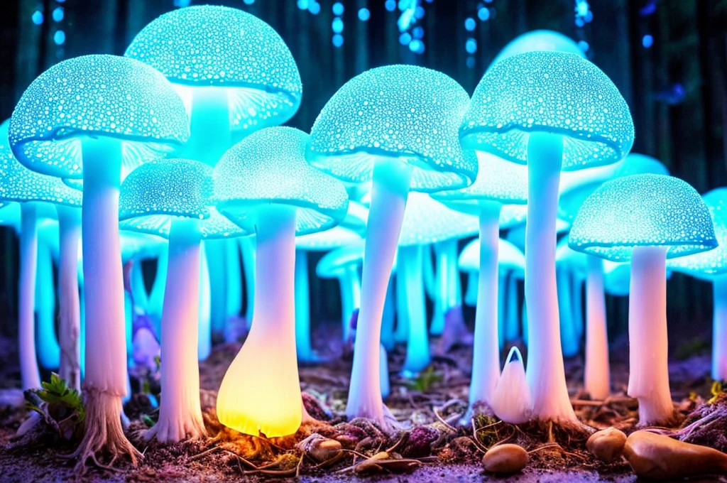 Best quality,A high resolution,ultra - detailed,(actual:1.37),Fluorescent mushrooms,Whole luminous transparent mushroom,Fantastical,Forest scene,Dewdrops,flash lights,soft mist,fluorescent light blue,emit bright light，transparency,enchanting atmosphere,The magic of nature,Surreal,HighDynamicRange,Focus sharp,bokeh