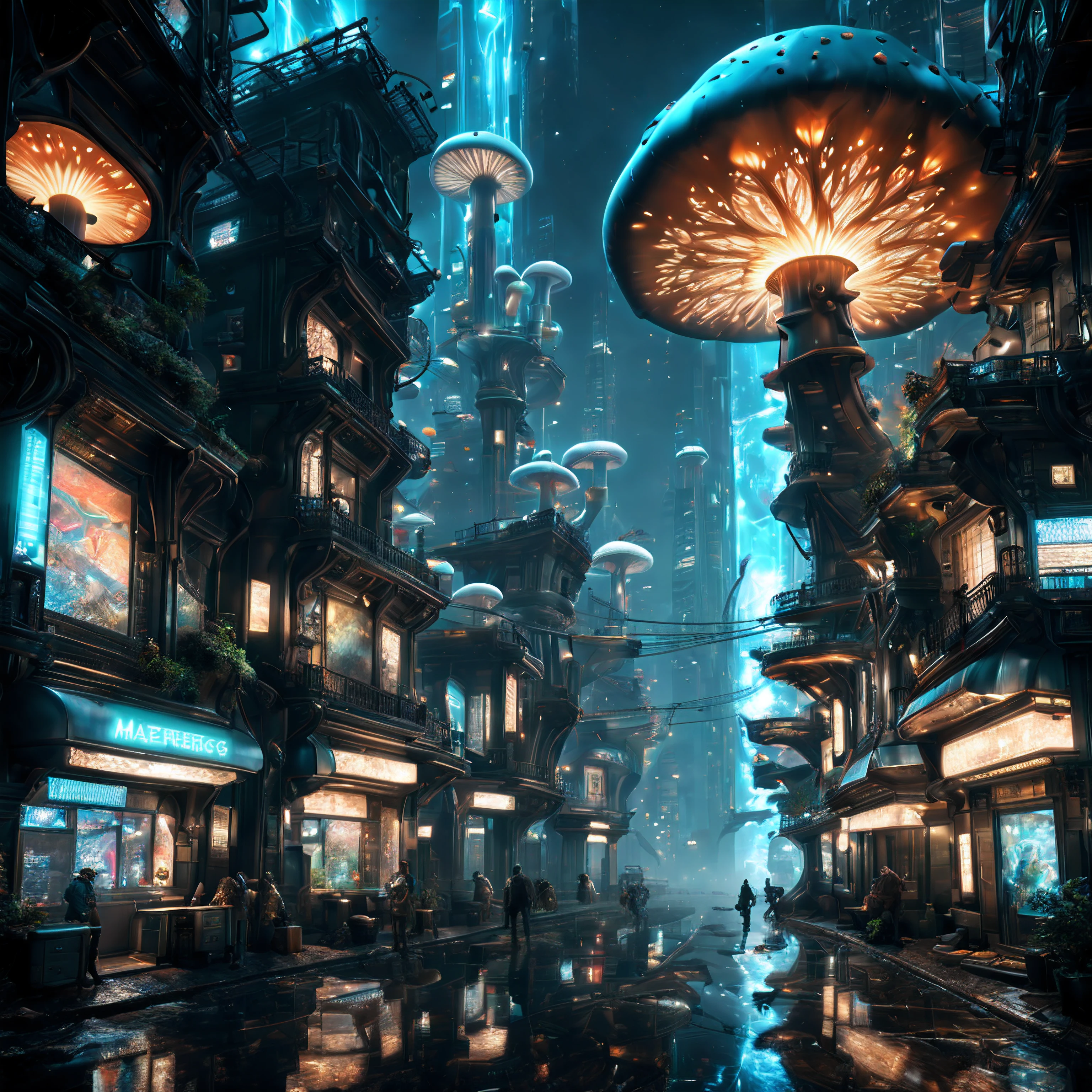 (best quality, masterpiece, Representative work, official art, Professional, unity 8k wallpaper:1.3),Ultra-wide-angle, octane render, Enhance, intricate,Bioluminescent Mushroom, very dark city.