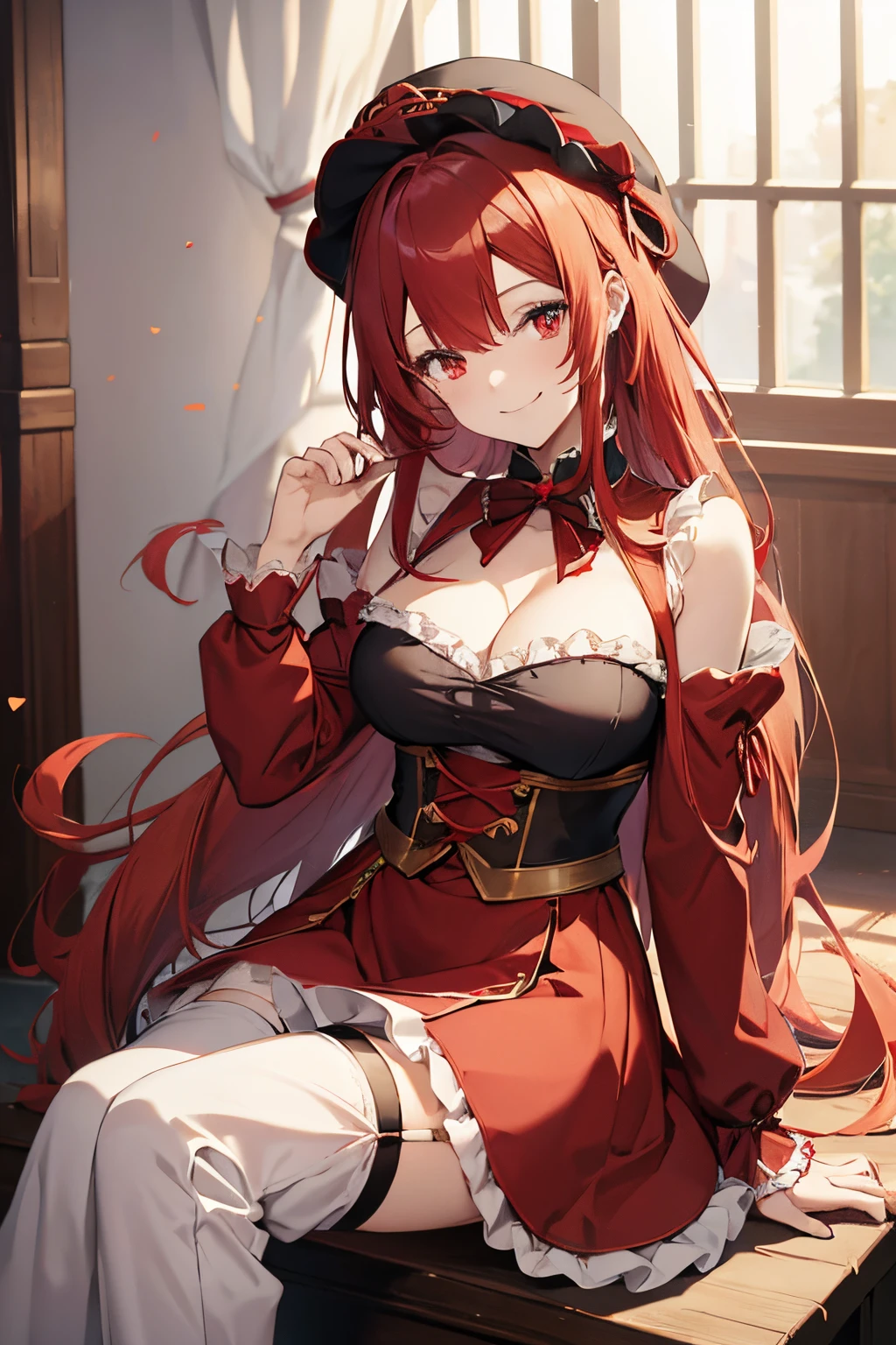 "anime girl, 1 person, bright red hair, shoulder length hair, dark red eyes, small hat, red hat with gold trim, maid, maid outfit, ta,big breasts, pants stockings, crossed legs, smiling smiling, solo, front view (full HD 4K+ photo)"