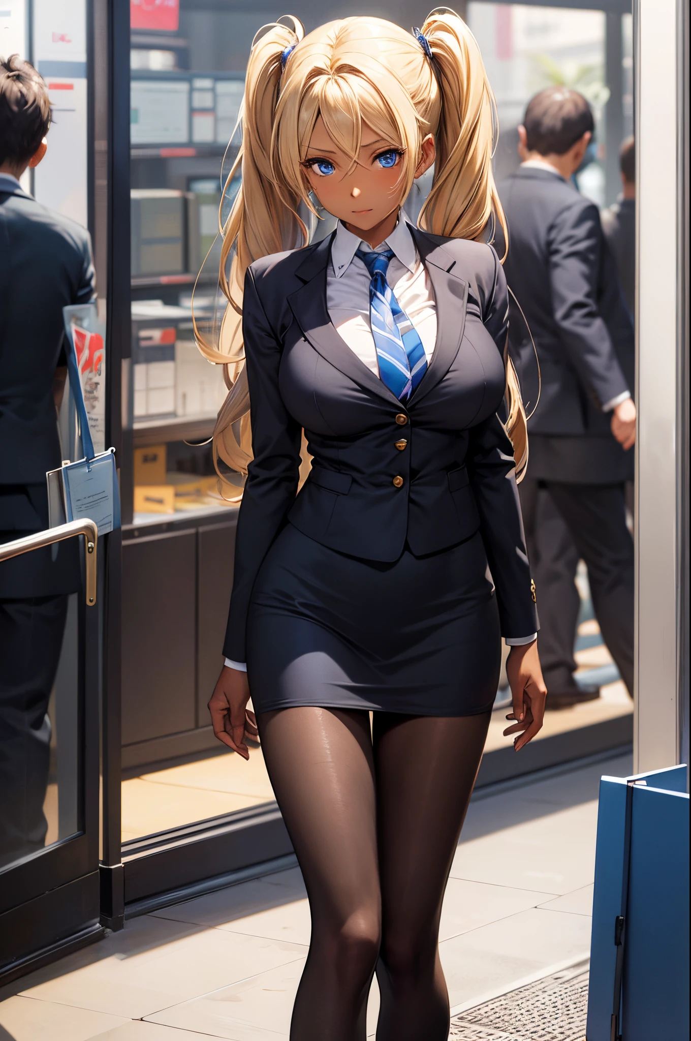 Female, twintails Blonde hair, Blue eyes, dark brown skin, large breasts, wearing office lady uniform and tights.