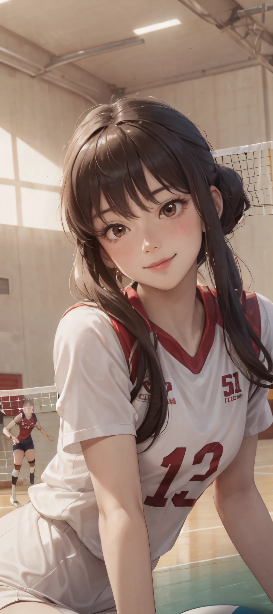 1lady solo, /(volleyball uniform/), /(dark brown hair/) bangs, blush light smile, (masterpiece best quality:1.2) delicate illustration ultra-detailed, BREAK /(volleyball court indoors/)