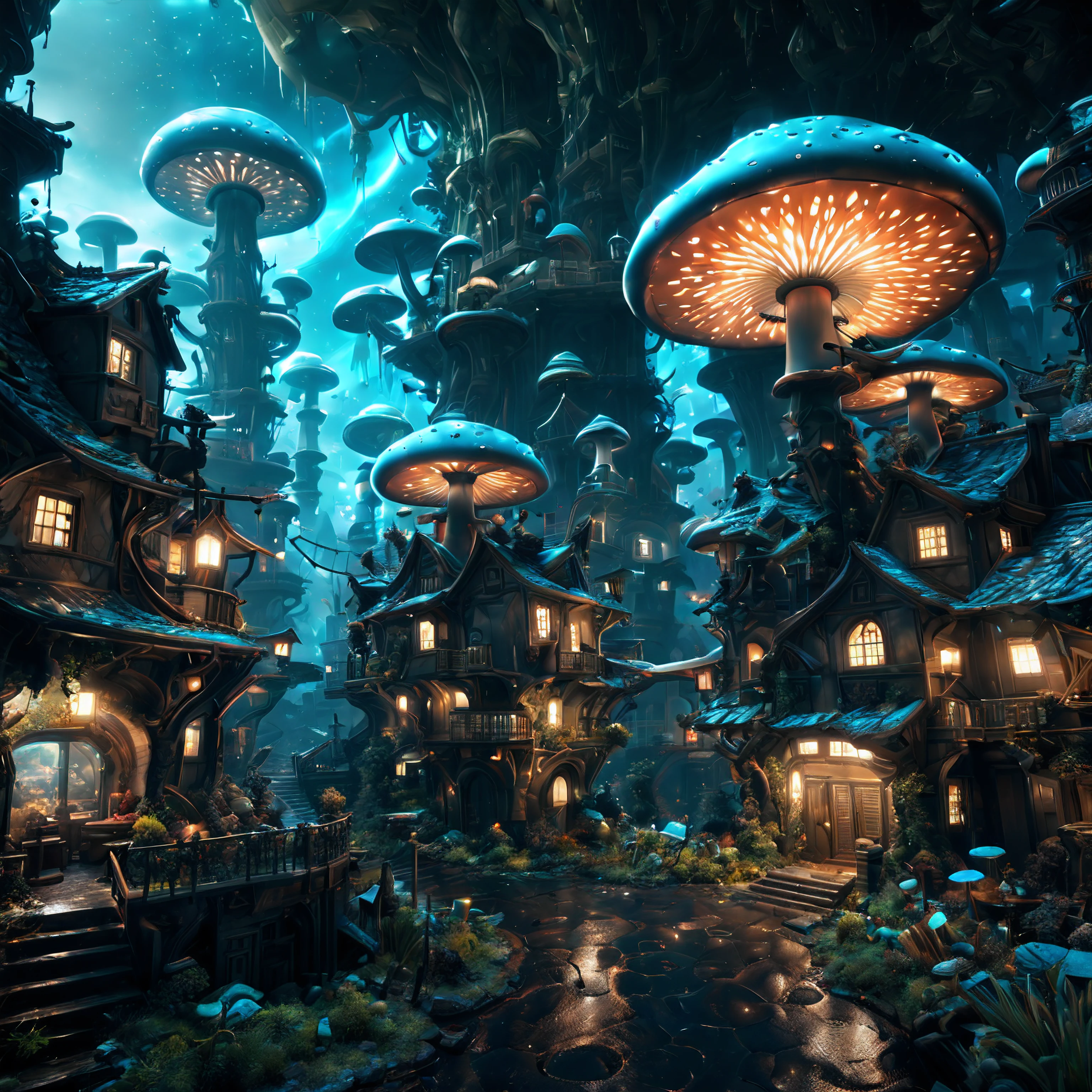 (best quality, masterpiece, Representative work, official art, Professional, unity 8k wallpaper:1.3),Ultra-wide-angle, octane render, Enhance, intricate,Bioluminescent Mushroom, very dark city.