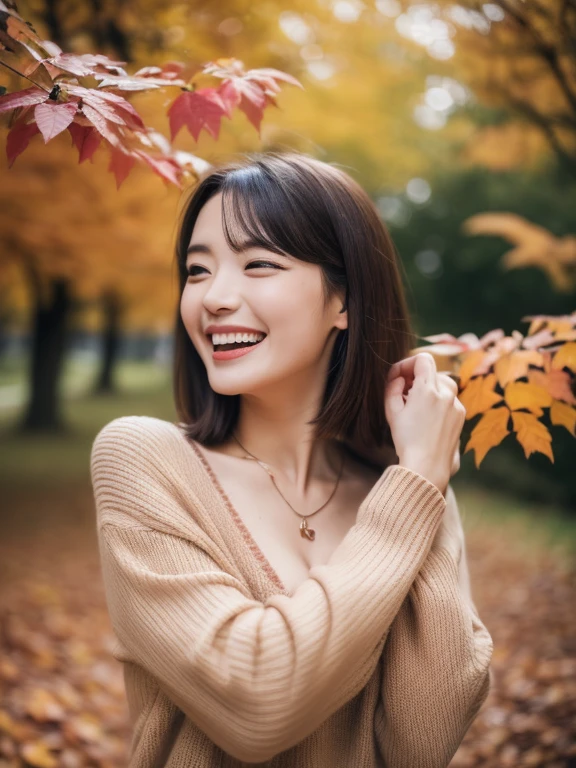 (Best Quality, in 8K, 32K, masutepiece, nffsw: 1.2), phot of a beautiful Japanese women, Large breasts, Long hair,full body Esbian, Face Focus, Sweaters, Necklace, Background of autumn leaves, Farsight、cat mouth、Look happy with open arms