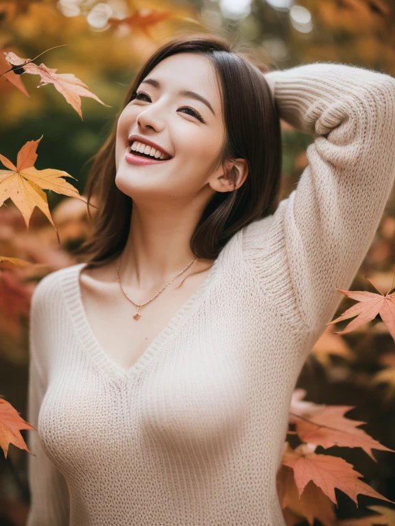 (Best Quality, in 8K, 32K, masutepiece, nffsw: 1.2), phot of a beautiful Japanese women, Large breasts, Long hair,full body Esbian, Face Focus, Sweaters, Necklace, Background of autumn leaves, Farsight、cat mouth、Look happy with open arms