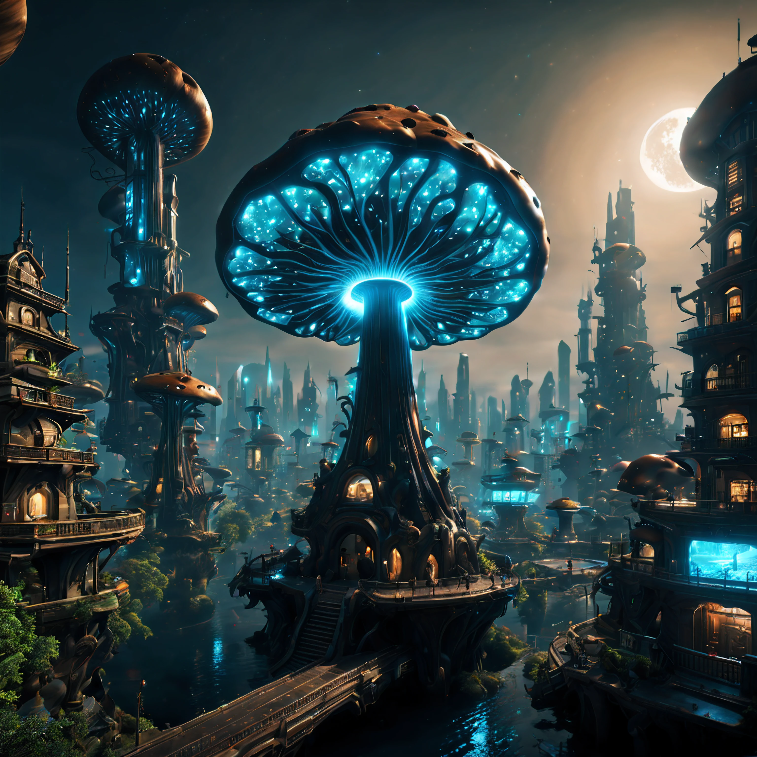 (best quality, masterpiece, Representative work, official art, Professional, unity 8k wallpaper:1.3),Ultra-wide-angle, octane render, Enhance, intricate,Bioluminescent Mushroom, very dark city.