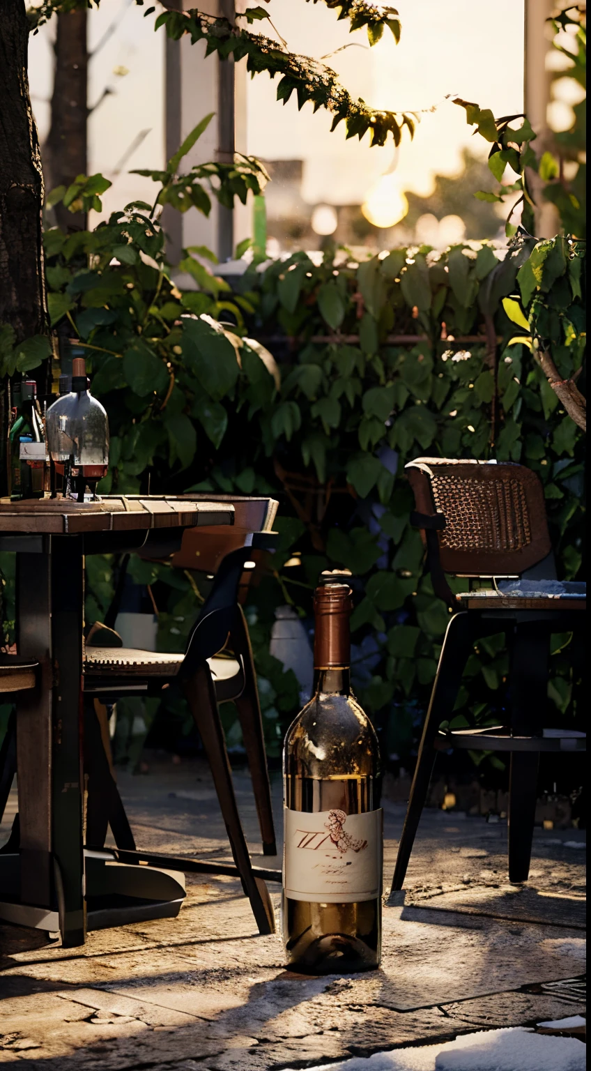Close-up of the scene，scene capture，photore，tmasterpiece，Street bar entrance，Outdoor dining table，a desk，A few chairs，(( bottle of red wine on table ))，goblet，Various desserts，During the day，Trees，Festive decorations hanging on it，Winter sun，Winters，There is snow on the ground，Convivial atmosphere，c4d，Empty product display scene，Front view，first person perspective，Head-up shooting，Real-world scenarios，without humans