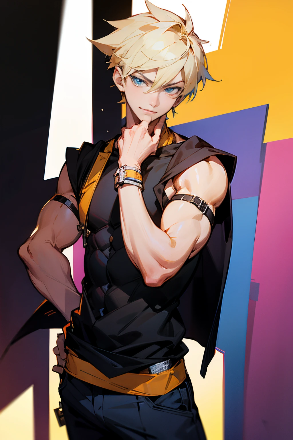 Anime character with blonde hair and black shirt and black pants, Handsome Anime Pose, male anime characters, Key Anime Art, tall anime man with blue eyes, trigger anime art style, Trending on ArtStation pixiv, handsome guy in demon slayer art, badass anime 8 K, anime handsome guy, young anime man, key anime visuals, Anime Boy, Male anime style