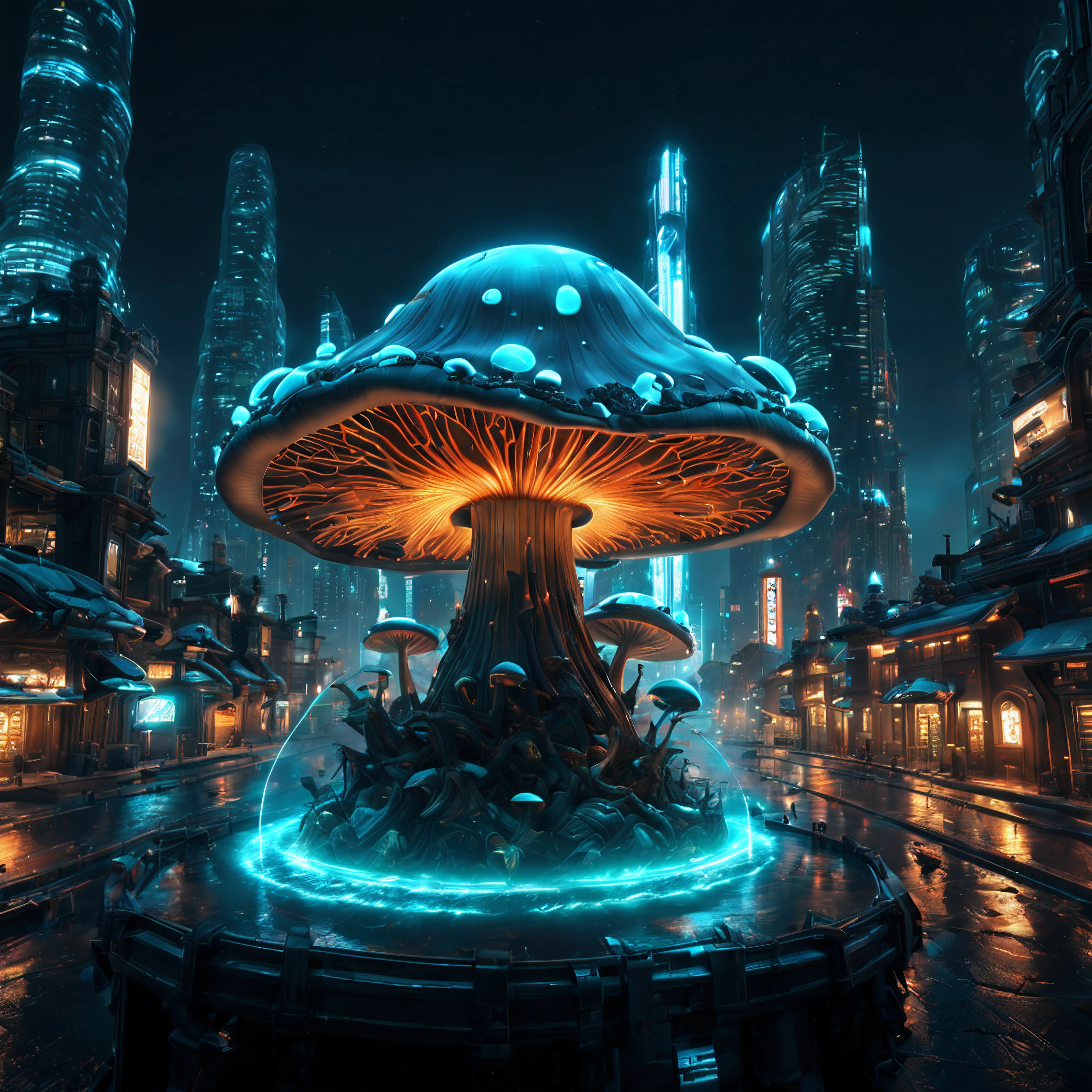 (best quality, masterpiece, Representative work, official art, Professional, unity 8k wallpaper:1.3),Ultra-wide-angle, octane render, Enhance, intricate,Bioluminescent Mushroom, very dark city.