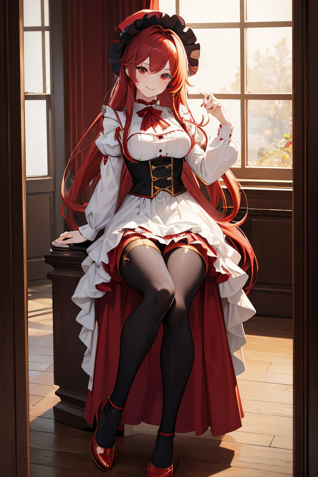 "anime girl, 1 person, bright red hair, shoulder length hair, dark red eyes, small hat, red hat with gold trim, maid, maid outfit, ta,big breasts, pants stockings, crossed legs, smiling smiling, solo, front view (full HD 4K+ photo)"