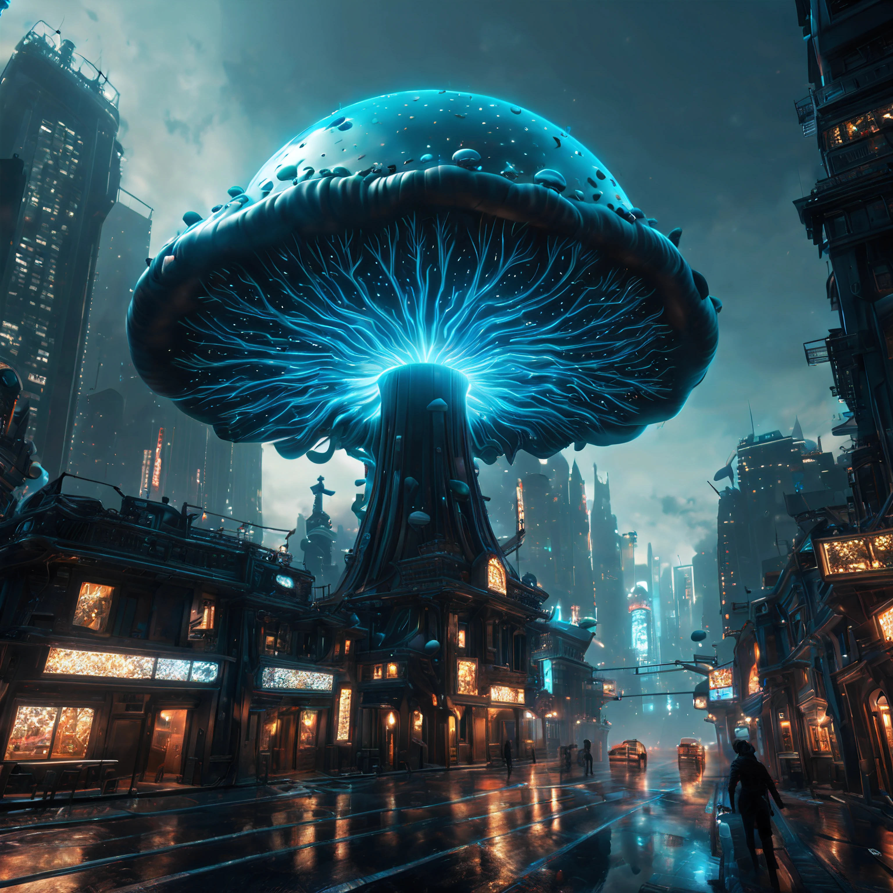 (best quality, masterpiece, Representative work, official art, Professional, unity 8k wallpaper:1.3),Ultra-wide-angle, octane render, Enhance, intricate,Bioluminescent Mushroom, very dark city.