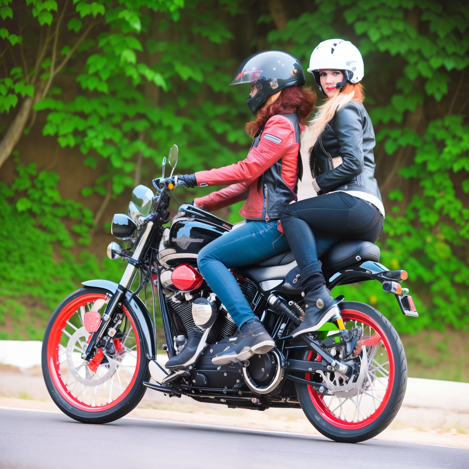 beautiful girl on a Harley-Davidson motorcycle, 35 y.o woman in wastelander clothes, redhair, short haircut, pale skin, slim body, background is city ruins, (high detailed skin:1.2), 8k uhd, dslr, soft lighting, high quality, film grain, Fujifilm XT3