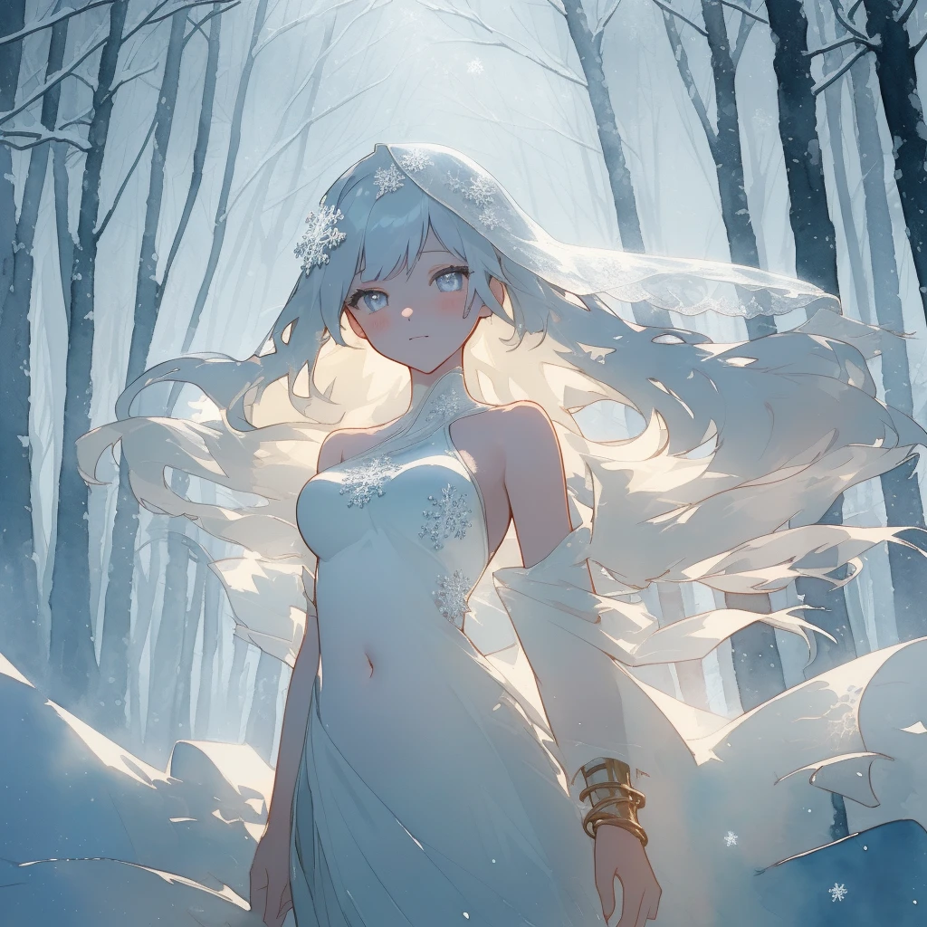 ((((ink)))，((watercolor))，world masterpiece theater, ((best quality))，depth of field,((illustration))，(1 girl)，anime face，medium_,floating，beautiful detailed sky，looking_at_viewers，an detailed organdie dress，very_close_to_viewers，bare_shoulder，golden_bracelet，focus_on_face，messy_long_hair，veil，upper_body，,lens_flare,light_leaks,bare shoulders，detailed_beautiful_Snow Forest_with_Trees， spirit，grey_hair，White clothes，((Snowflakes)),floating sand flow,navel,(beautiful detailed eyes), (8k_wallpaper)