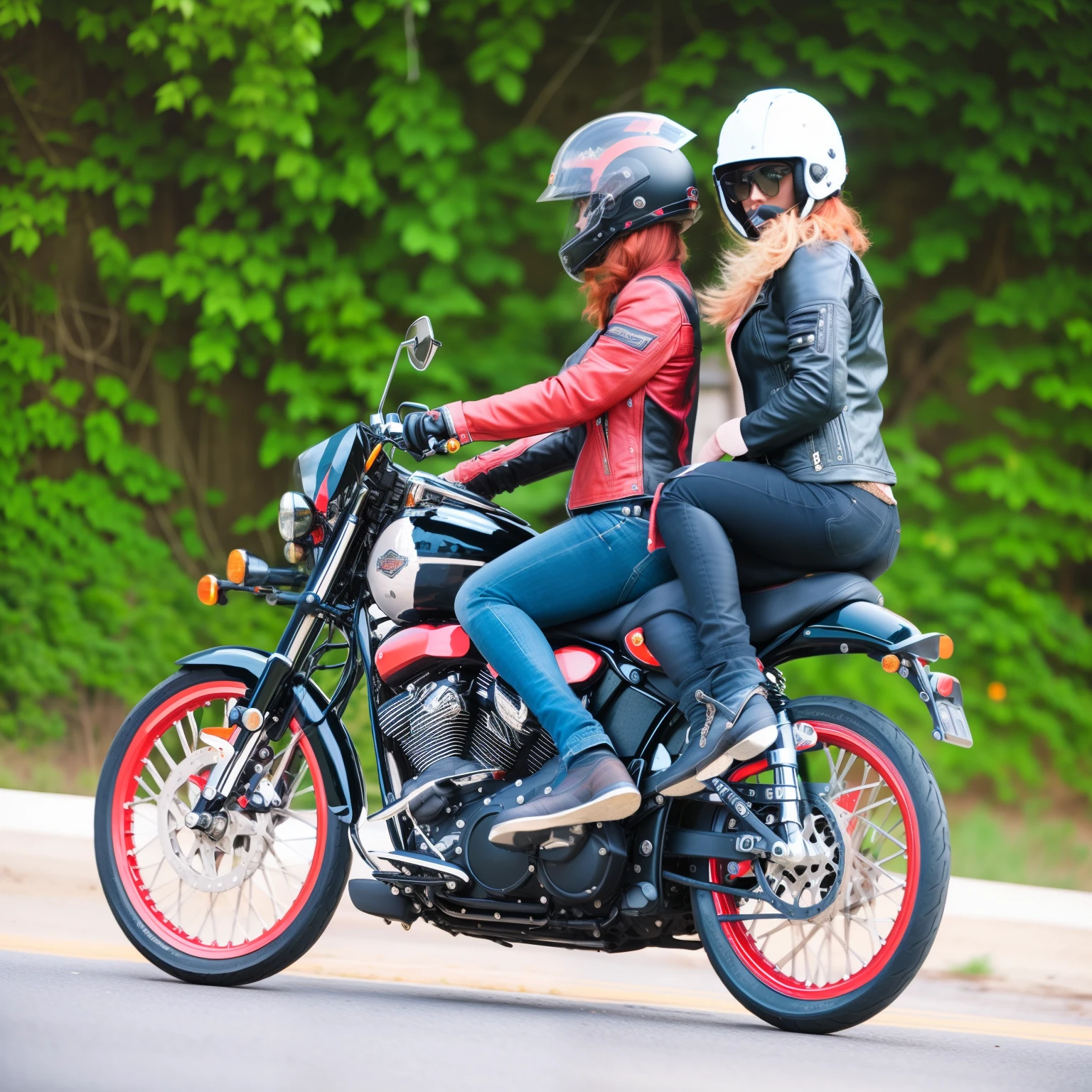 beautiful girl on a Harley-Davidson motorcycle, 35 y.o woman in wastelander clothes, redhair, short haircut, pale skin, slim body, background is city ruins, (high detailed skin:1.2), 8k uhd, dslr, soft lighting, high quality, film grain, Fujifilm XT3