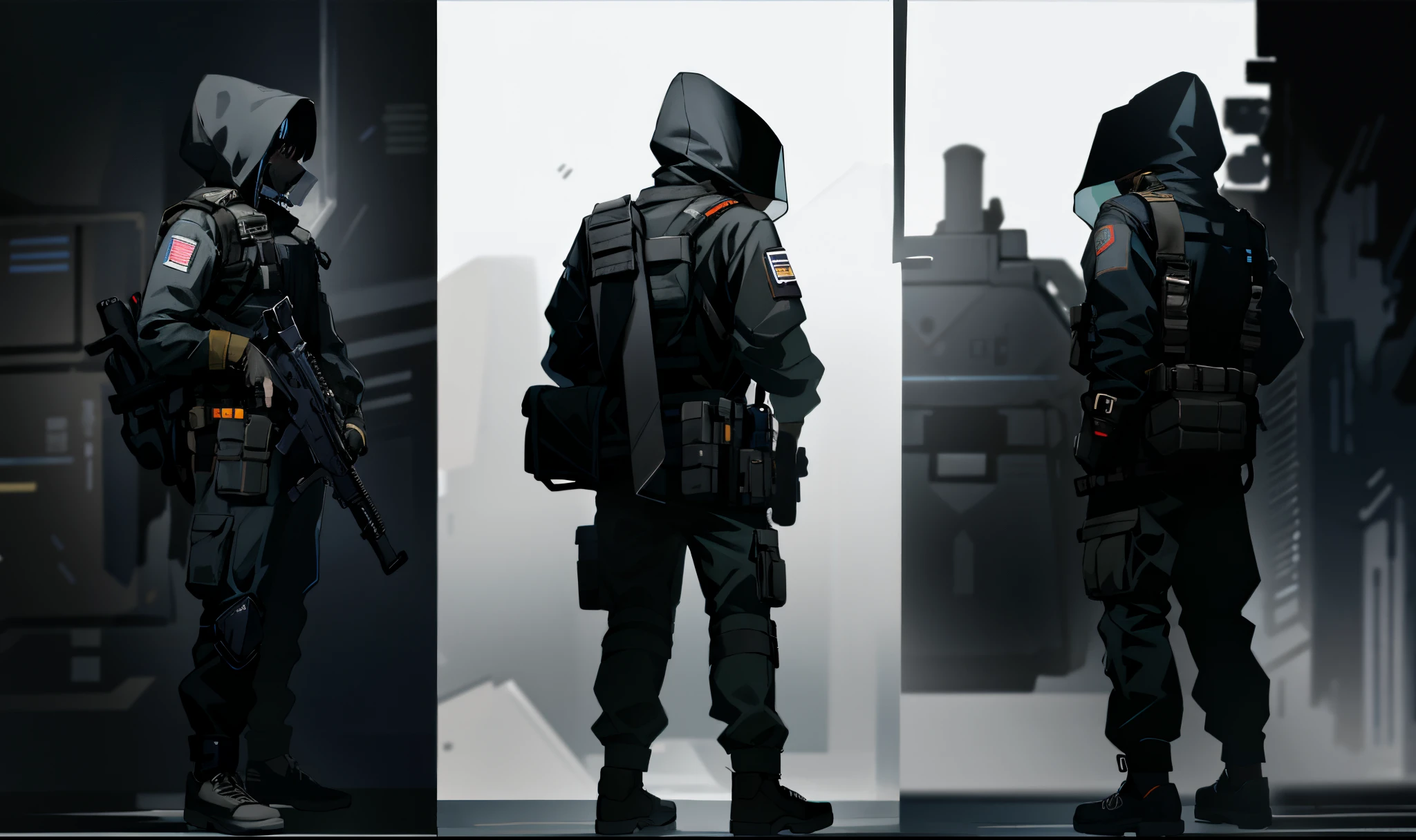 One dressed in black、Close-up of man holding gun, future soldier clothing, Future combat equipment, Tech clothing looks and clothes